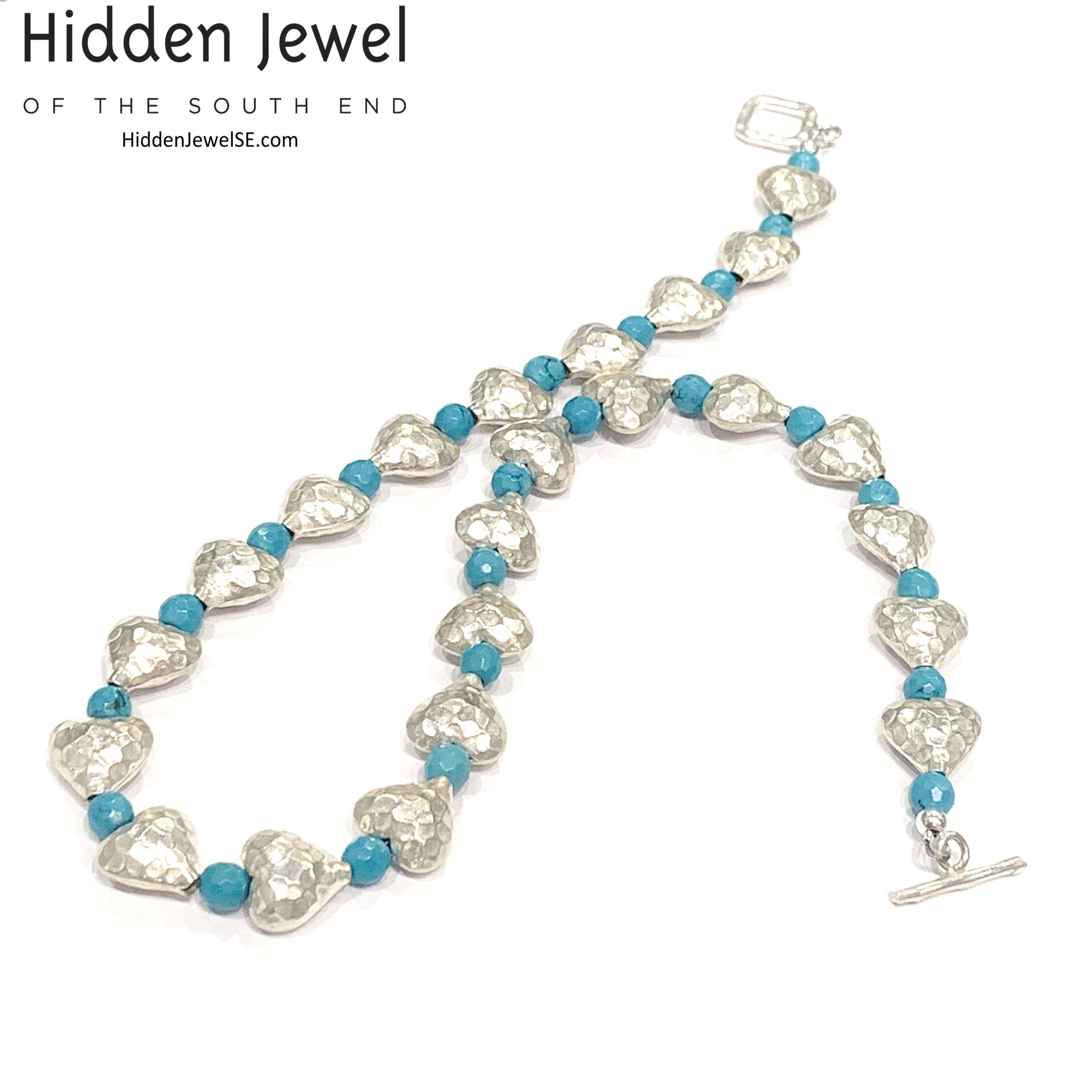Genuine Hill Tribe Fine Silver hammered heart necklace with Turquoise gemstone beads
