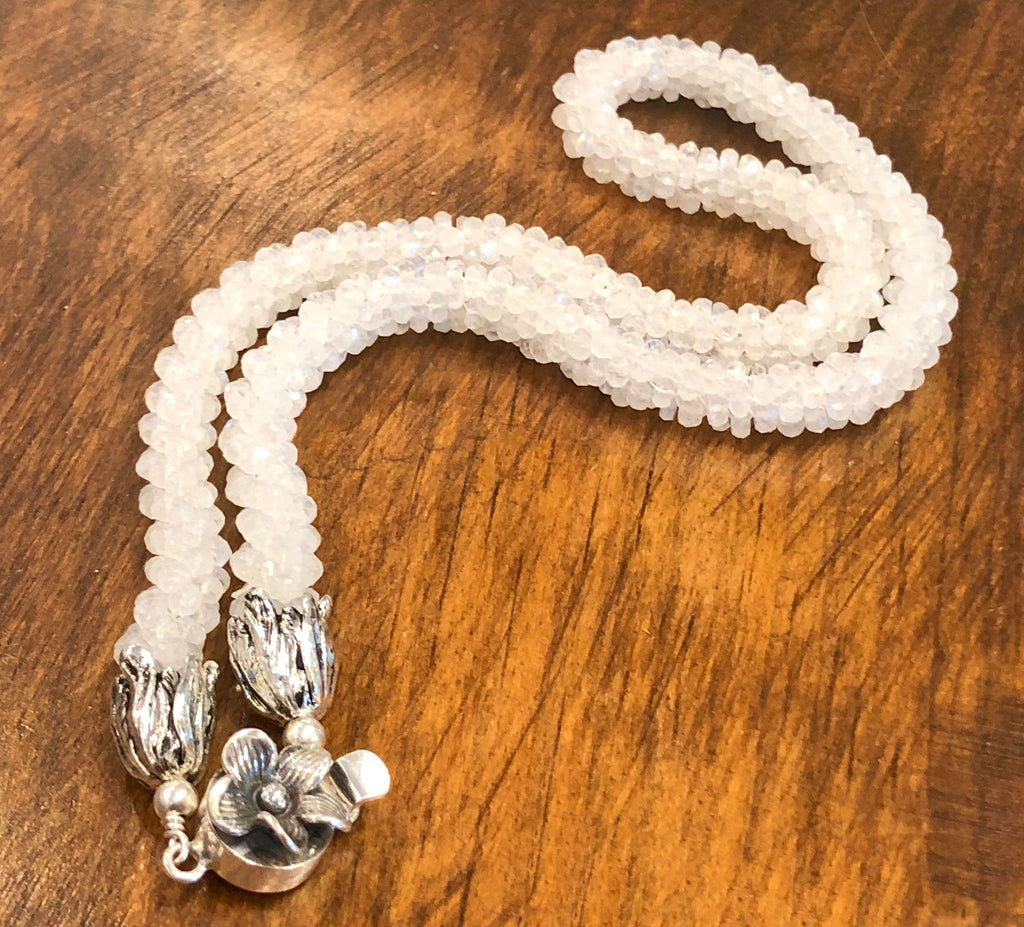 Rainbow Moonstone crocheted necklace, AAA+ grade faceted Rainbow Moonstone