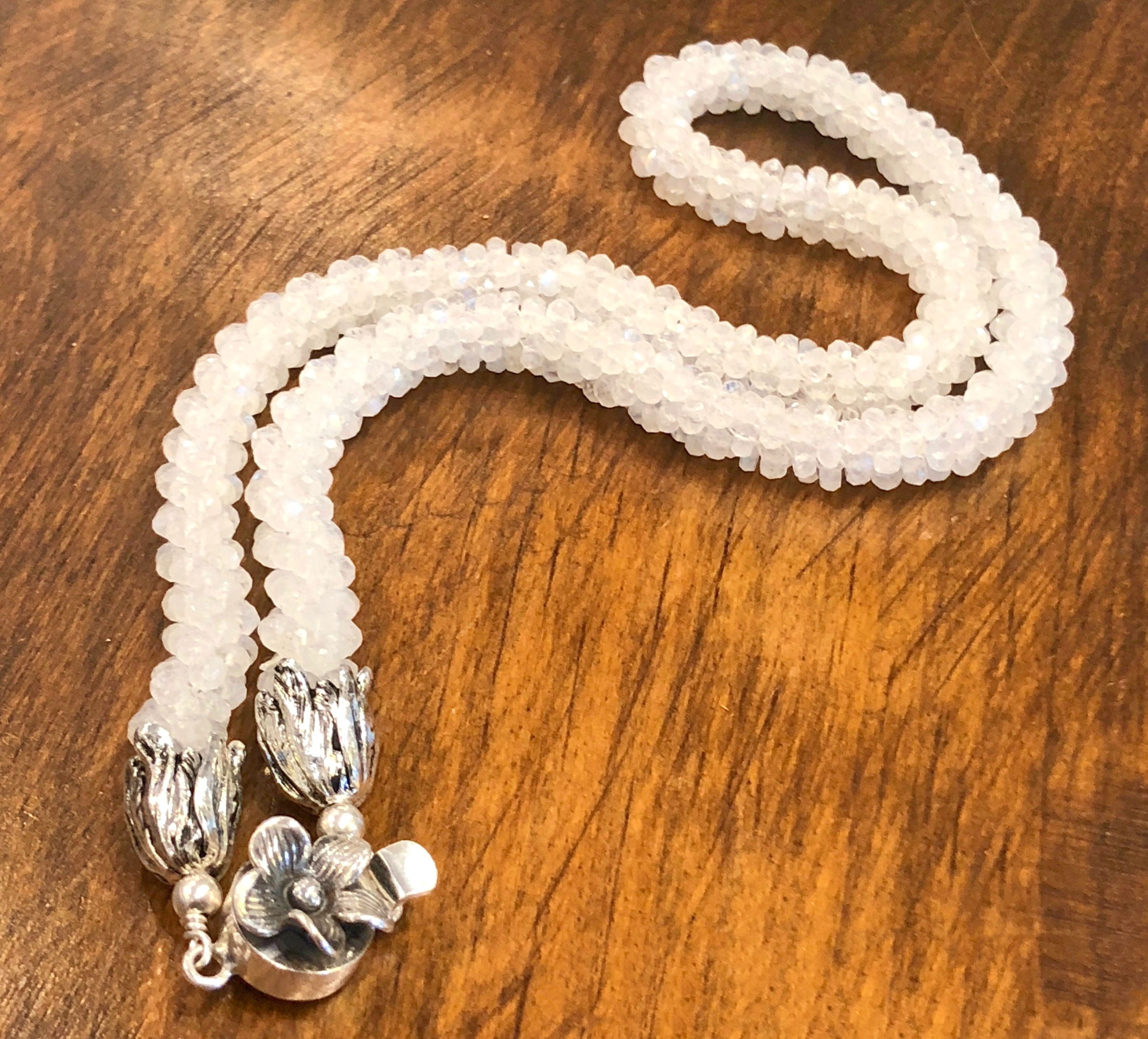 Rainbow Moonstone crocheted necklace, AAA+ grade faceted Rainbow Moonstone