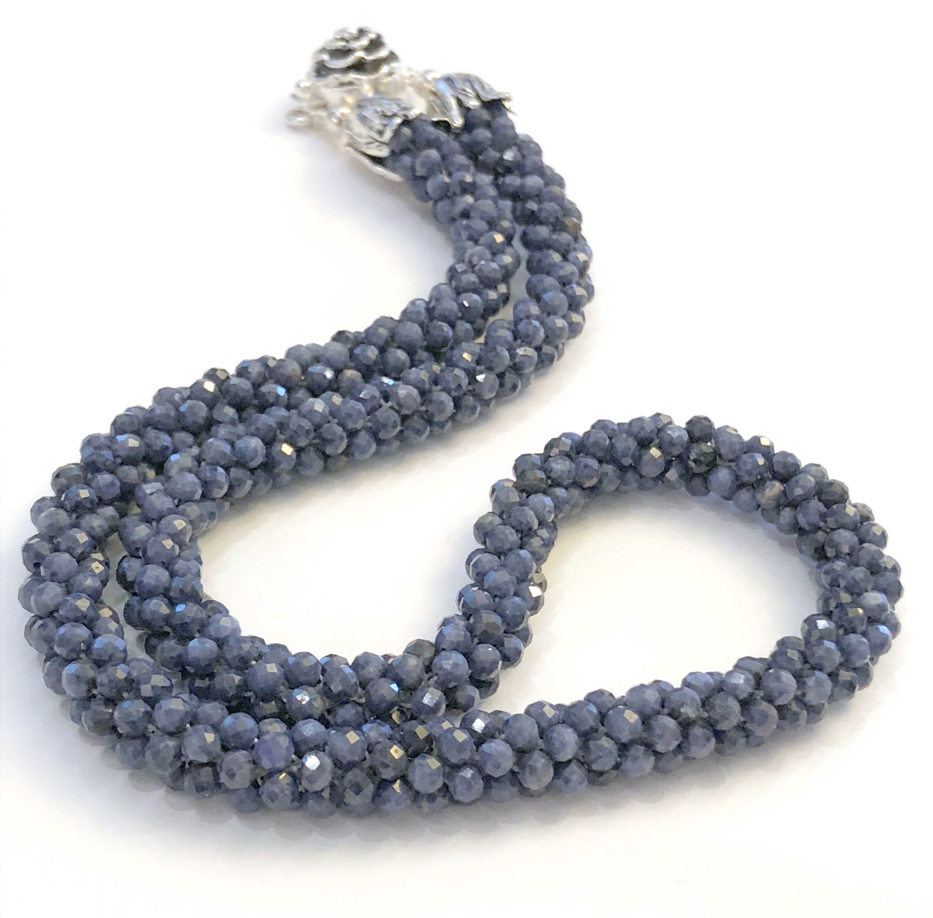 Sri Lankan faceted Blue Sapphire crocheted necklace, gemstone necklace, crocheted necklace