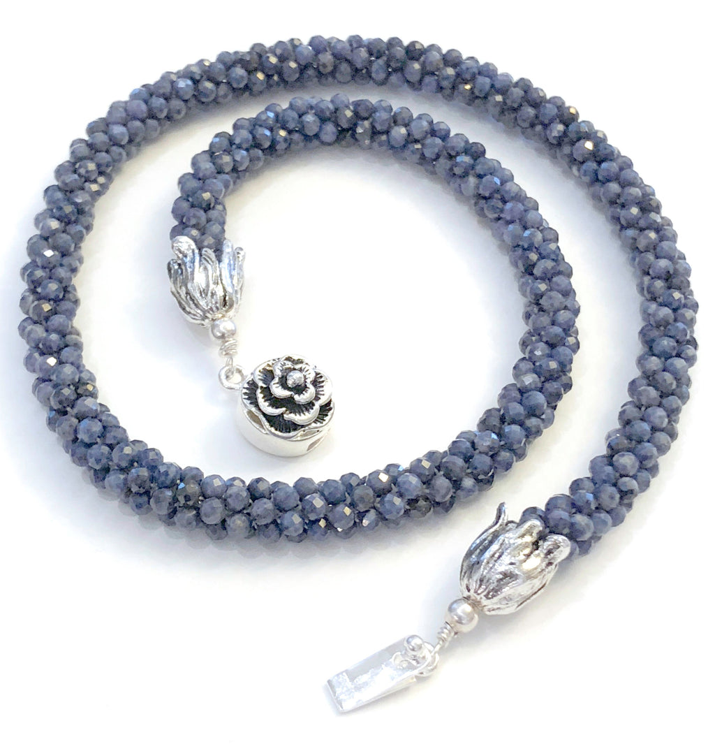 Sri Lankan faceted Blue Sapphire crocheted necklace, gemstone necklace, crocheted necklace
