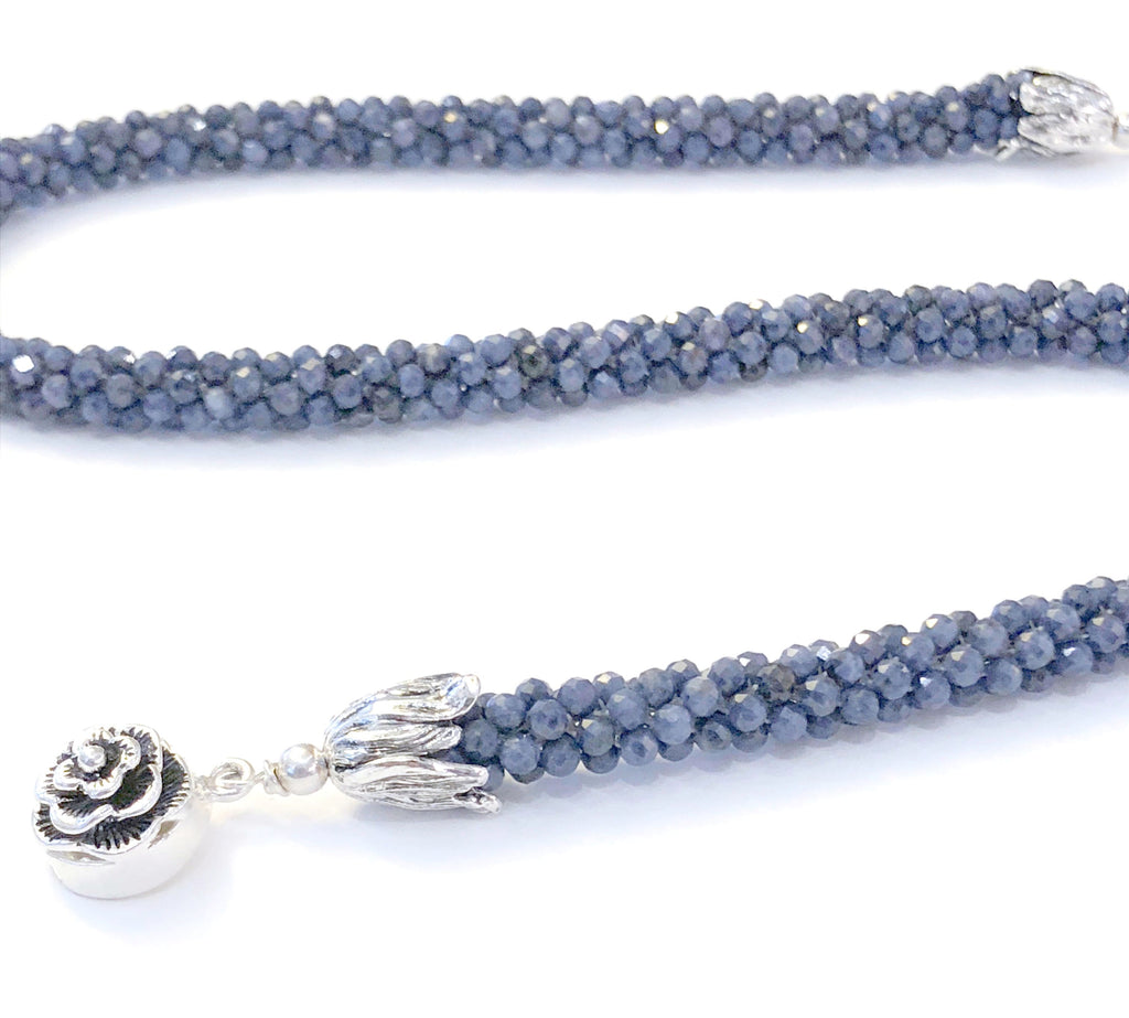 Sri Lankan faceted Blue Sapphire crocheted necklace, gemstone necklace, crocheted necklace
