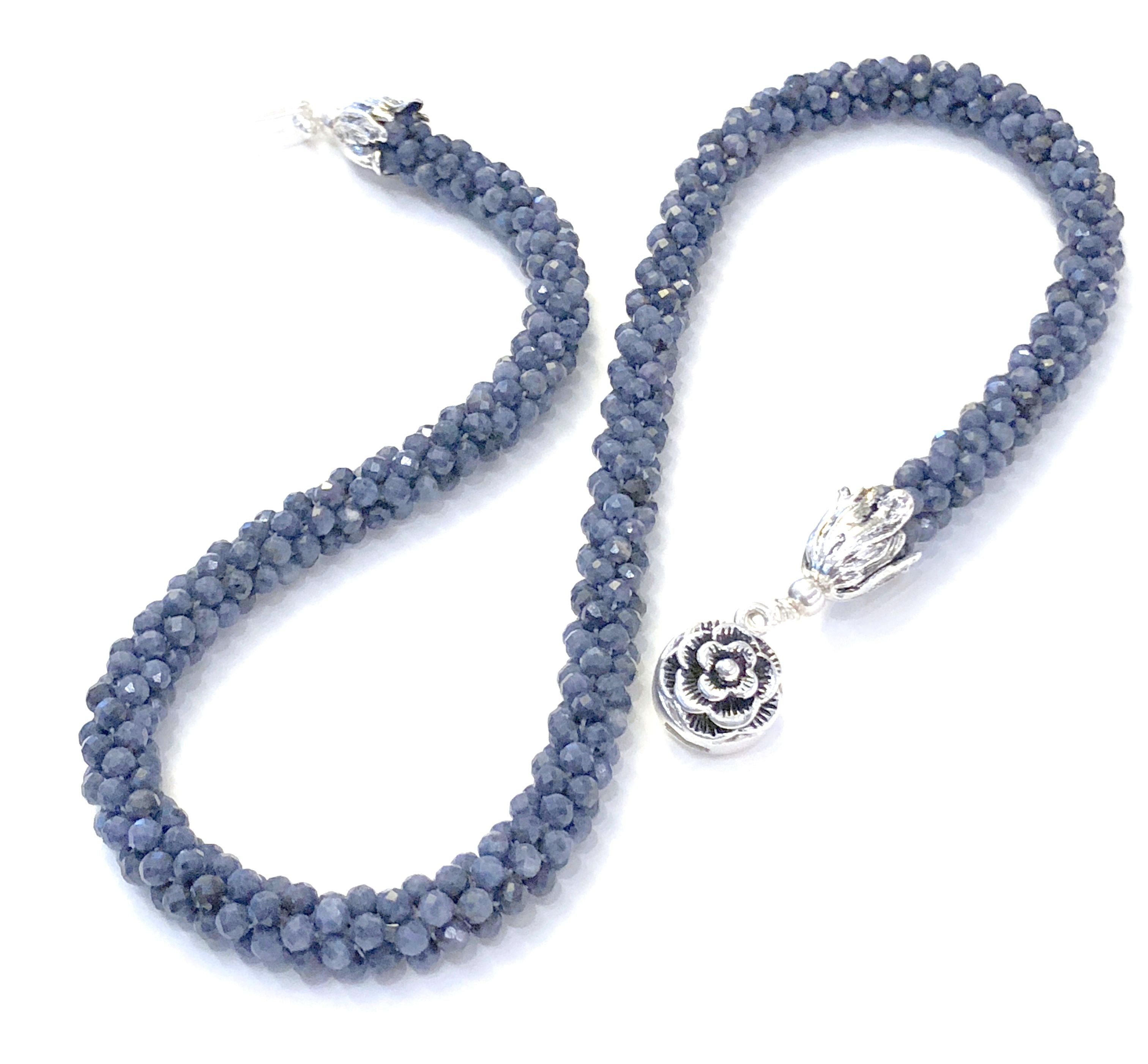 Sri Lankan faceted Blue Sapphire crocheted necklace, gemstone necklace, crocheted necklace
