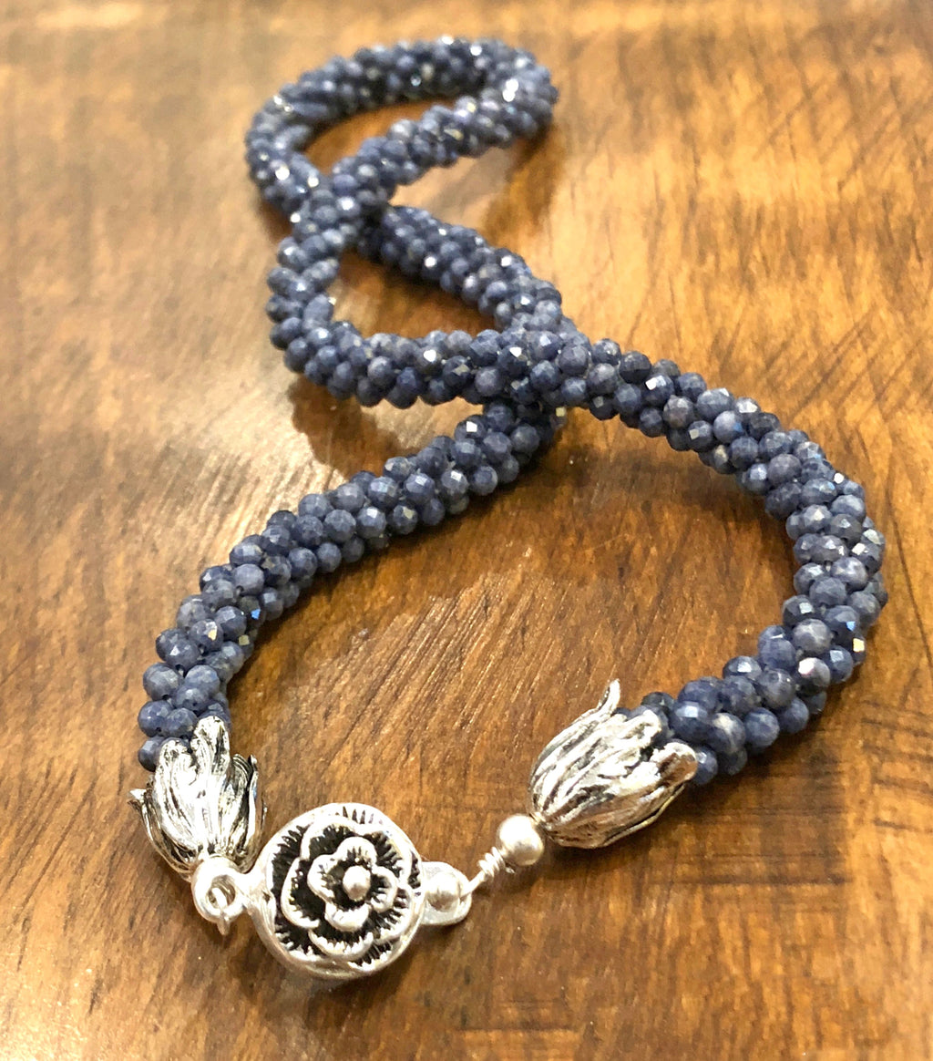 Sri Lankan faceted Blue Sapphire crocheted necklace, gemstone necklace, crocheted necklace