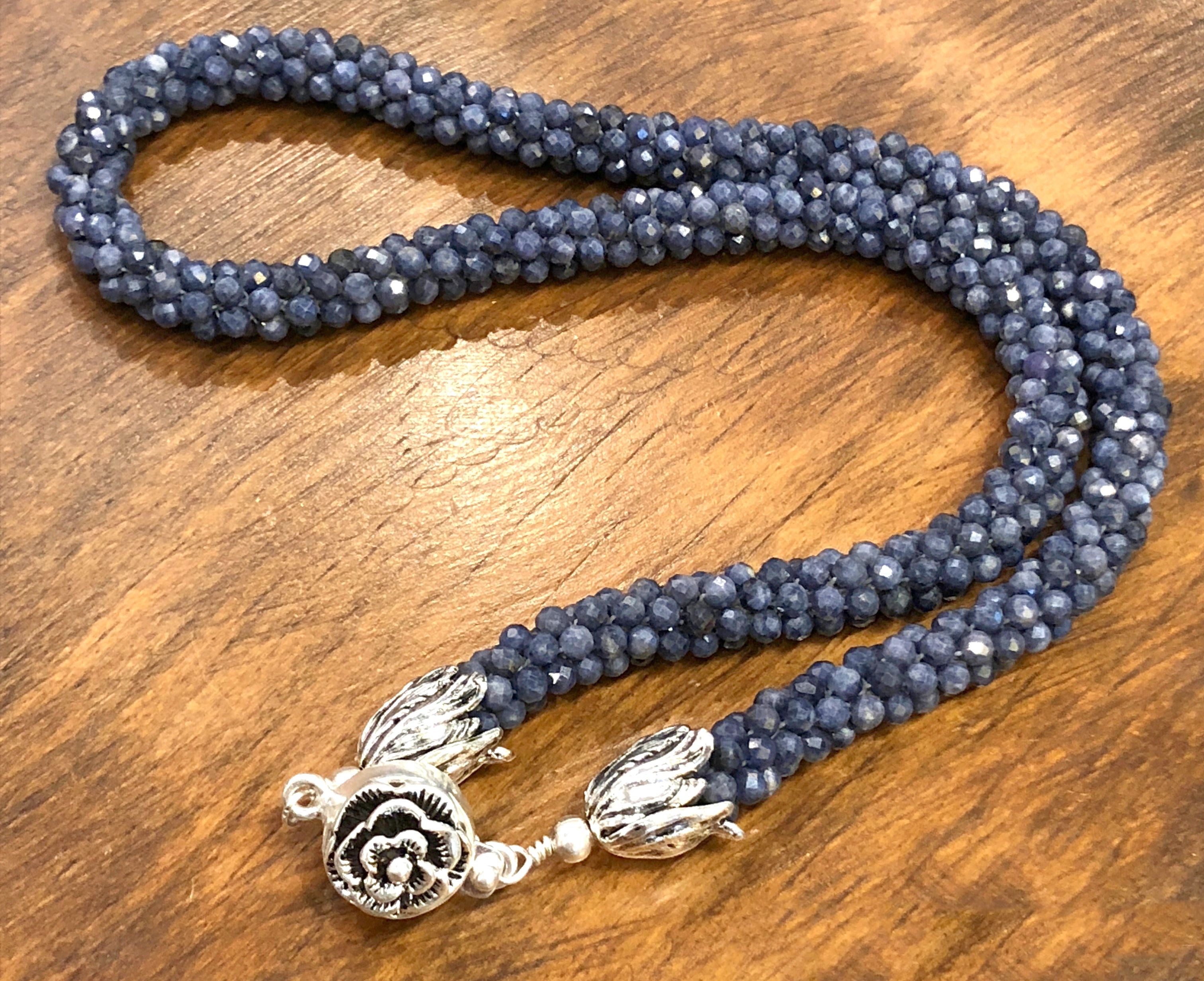 Sri Lankan faceted Blue Sapphire crocheted necklace, gemstone necklace, crocheted necklace