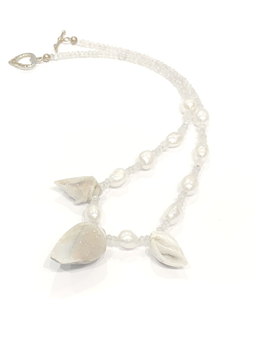 Druzzy Quartz Fossilized Shell Necklace, Moonstone, Freshwater Pearl