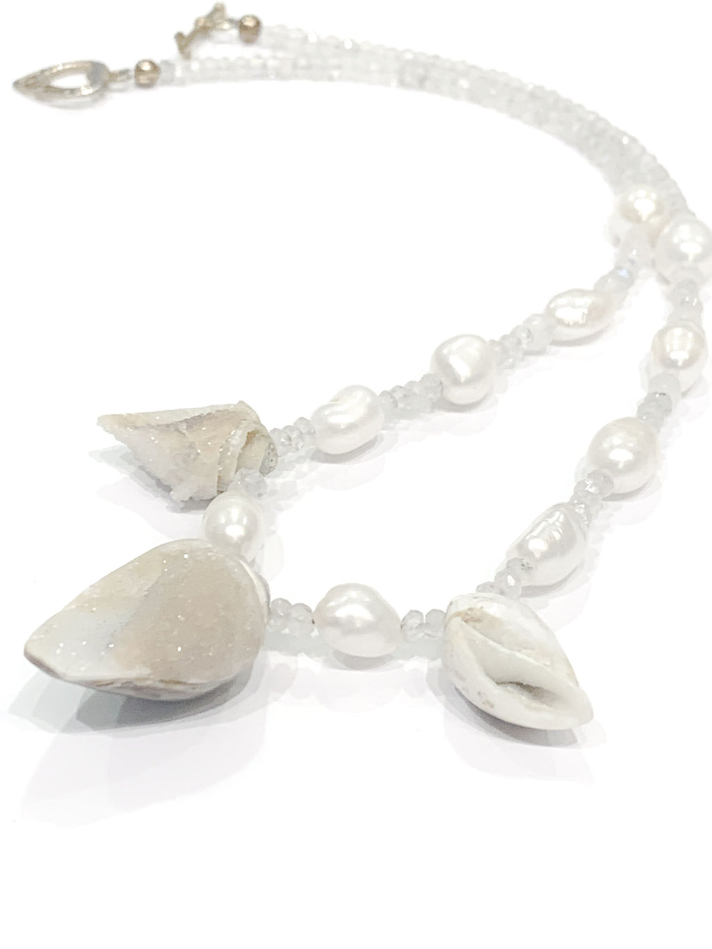 Druzzy Quartz Fossilized Shell Necklace, Moonstone, Freshwater Pearl