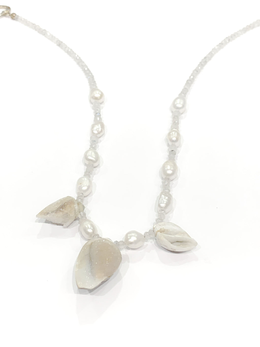 Druzzy Quartz Fossilized Shell Necklace, Moonstone, Freshwater Pearl
