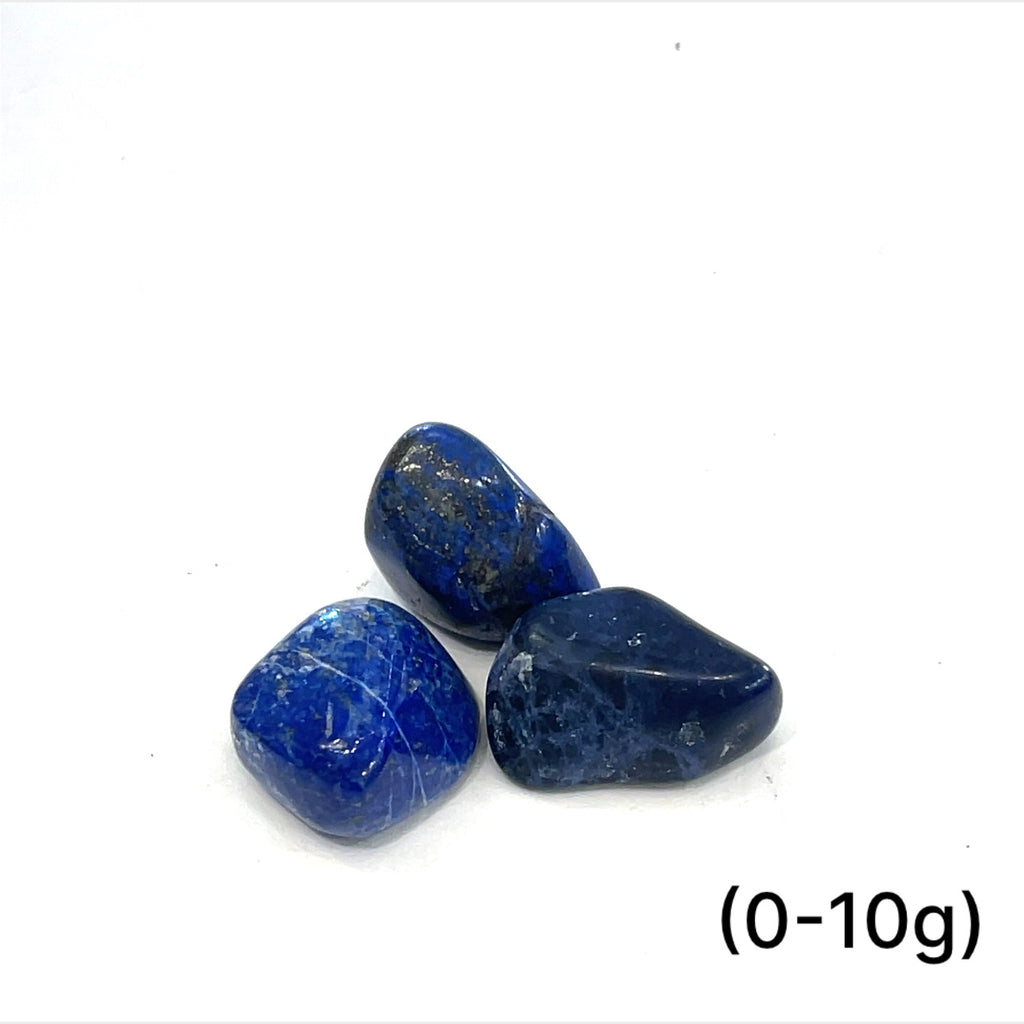 Lapis Lazuli gemstone size (0-10g) on a white background with a front overview. 