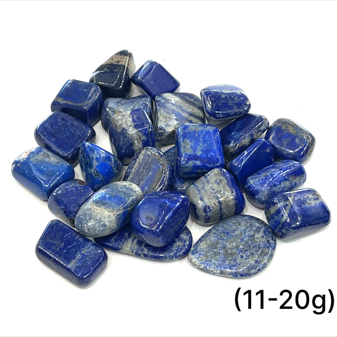 Lapis Lazuli gemstone size (11-20g) on a white background with a front overview. 
