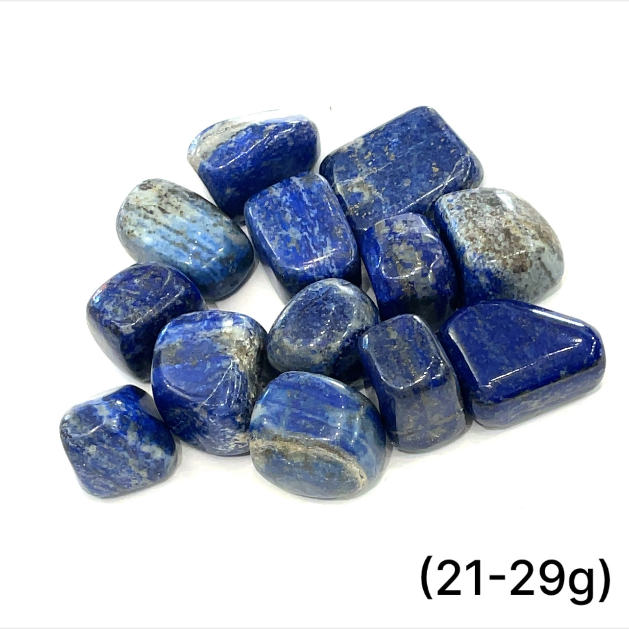 Lapis Lazuli gemstone size (21-29g) on a white background with a front overview. 
