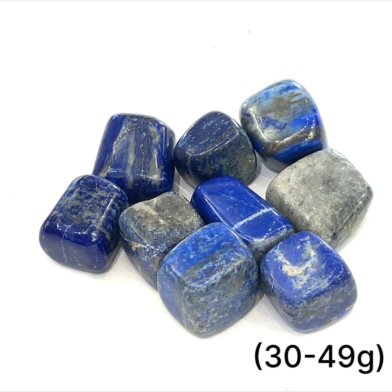 Lapis Lazuli gemstone size (30-49g) on a white background with a front overview. 