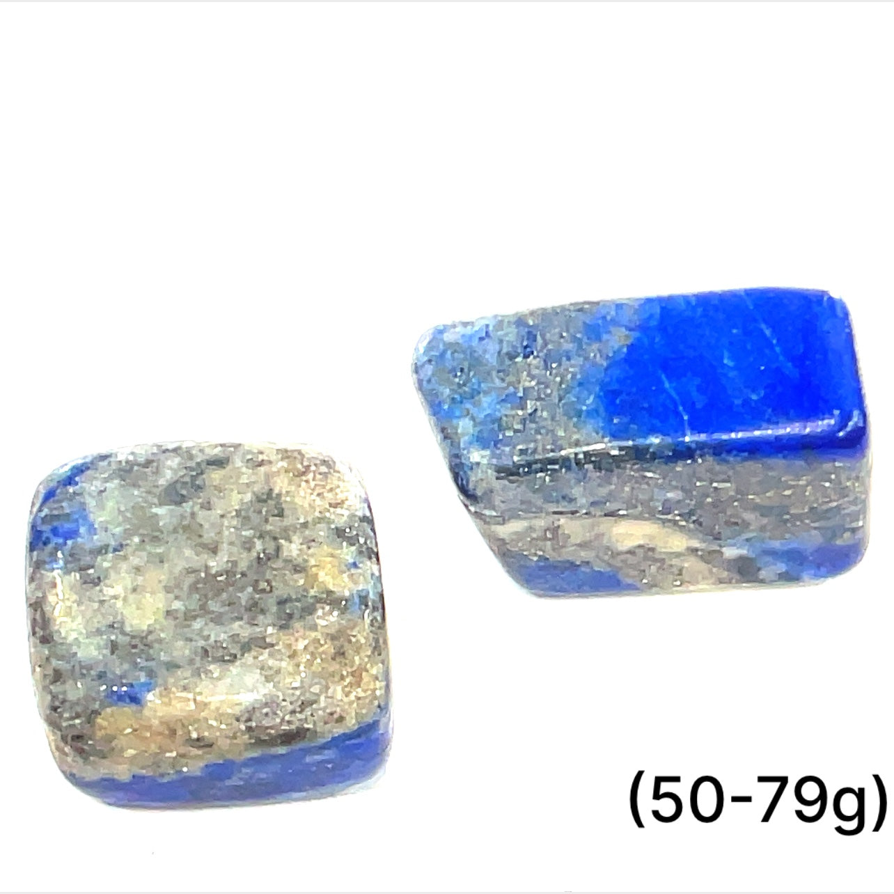 Lapis Lazuli gemstone size (50-79g) on a white background with a front overview. 