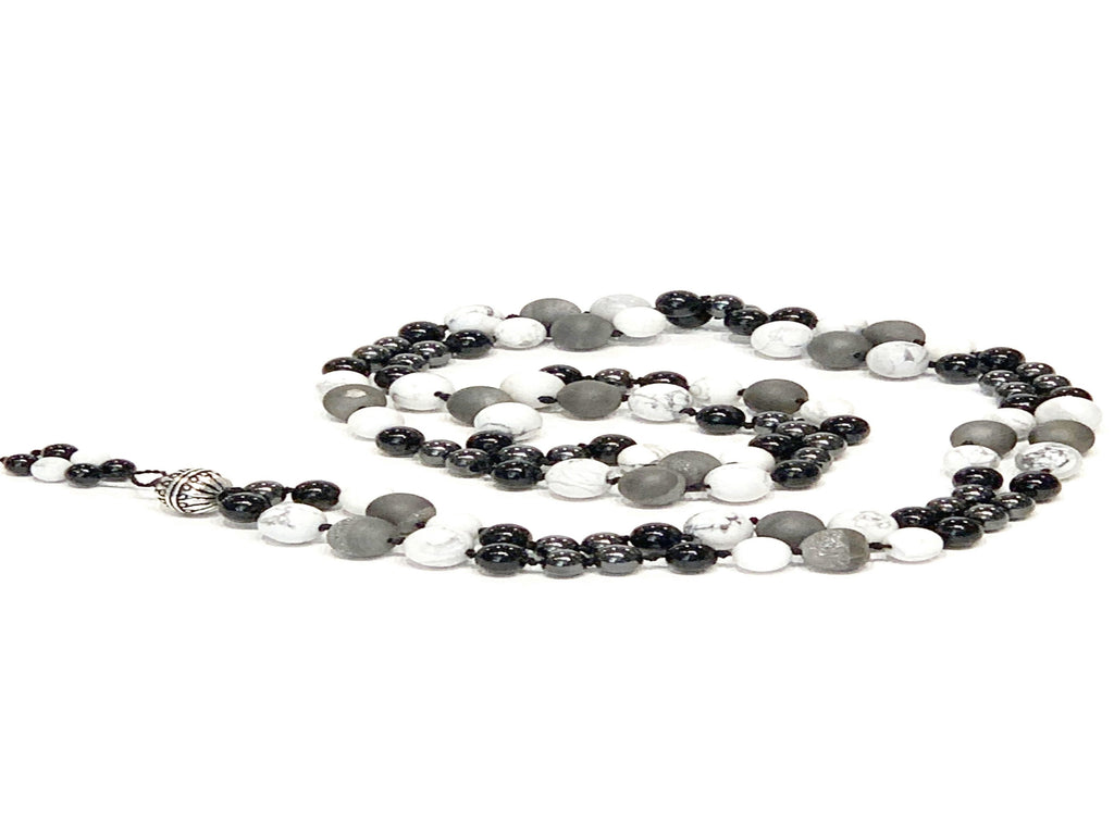 Mala necklace Black tourmaline, Magnetic Hematite, Howlite gemstone and Silver Druzzy necklace