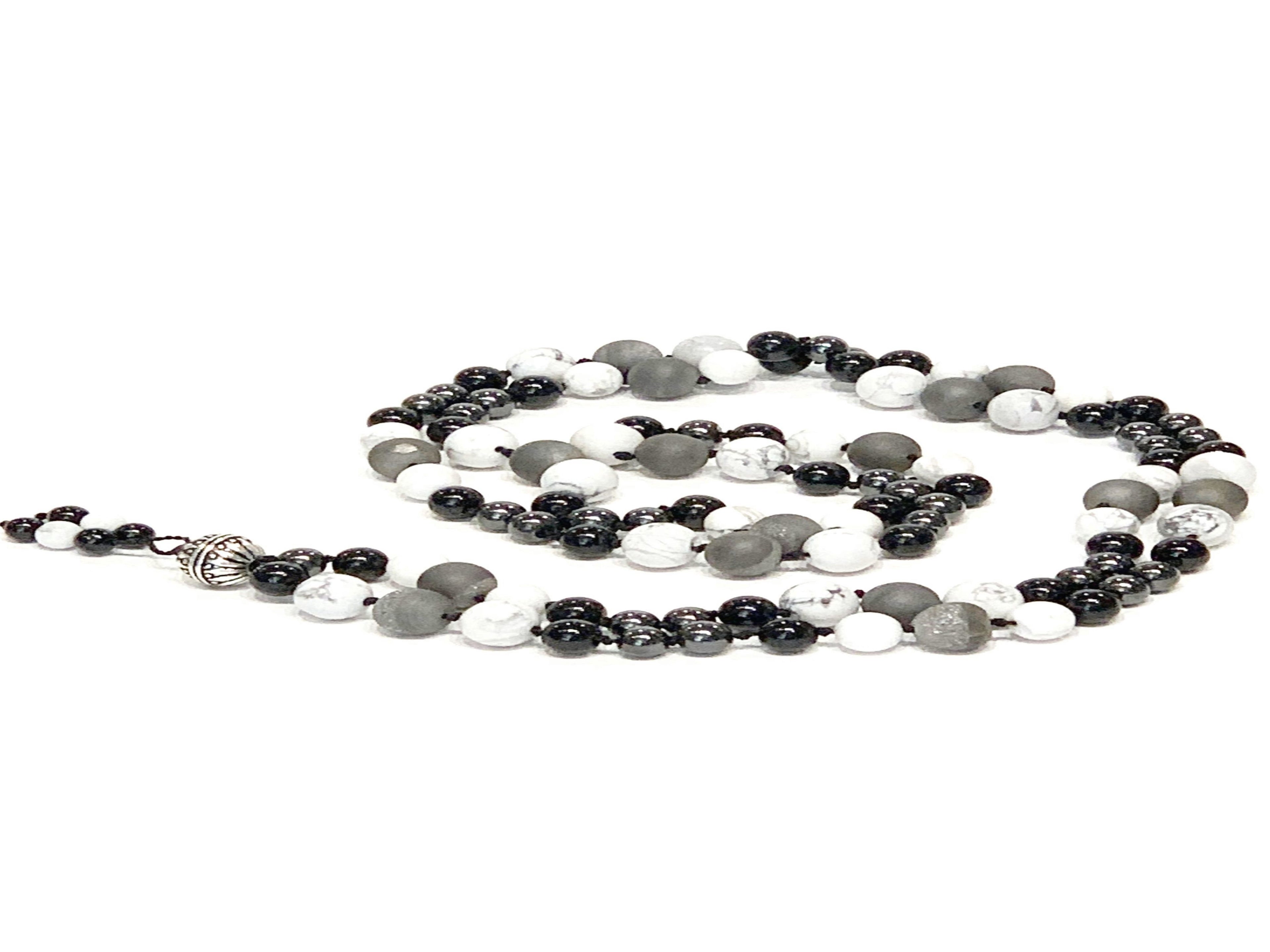 Mala necklace Black tourmaline, Magnetic Hematite, Howlite gemstone and Silver Druzzy necklace