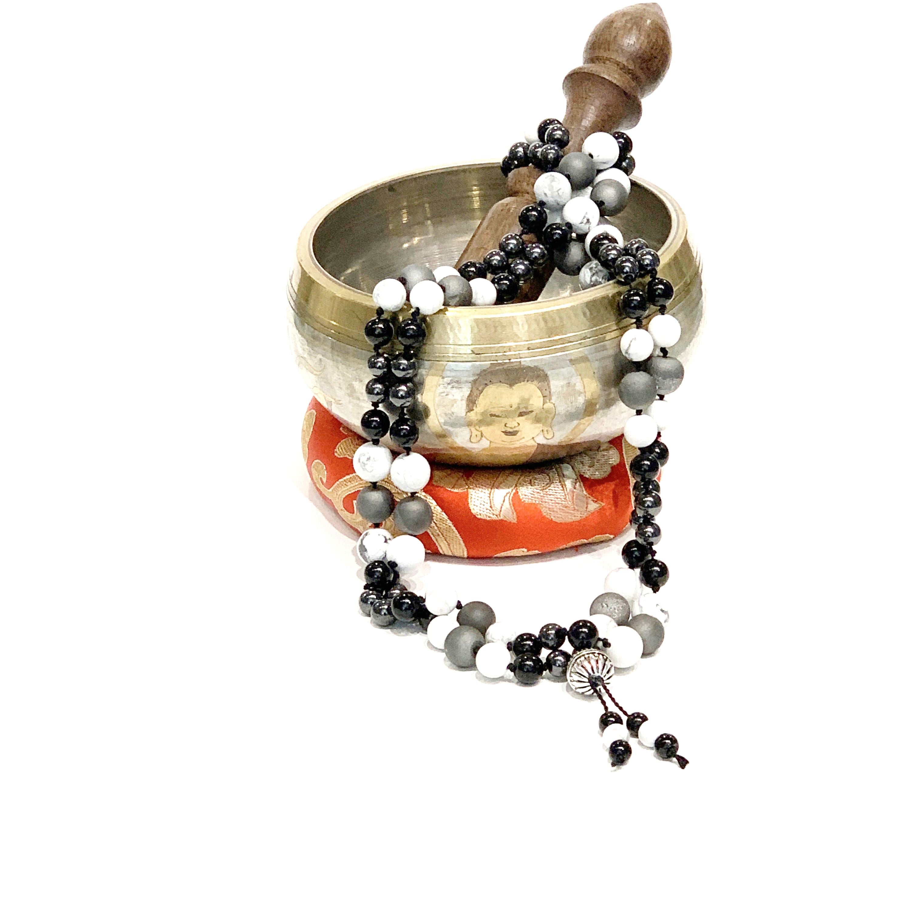 Mala necklace Black tourmaline, Magnetic Hematite, Howlite gemstone and Silver Druzzy necklace