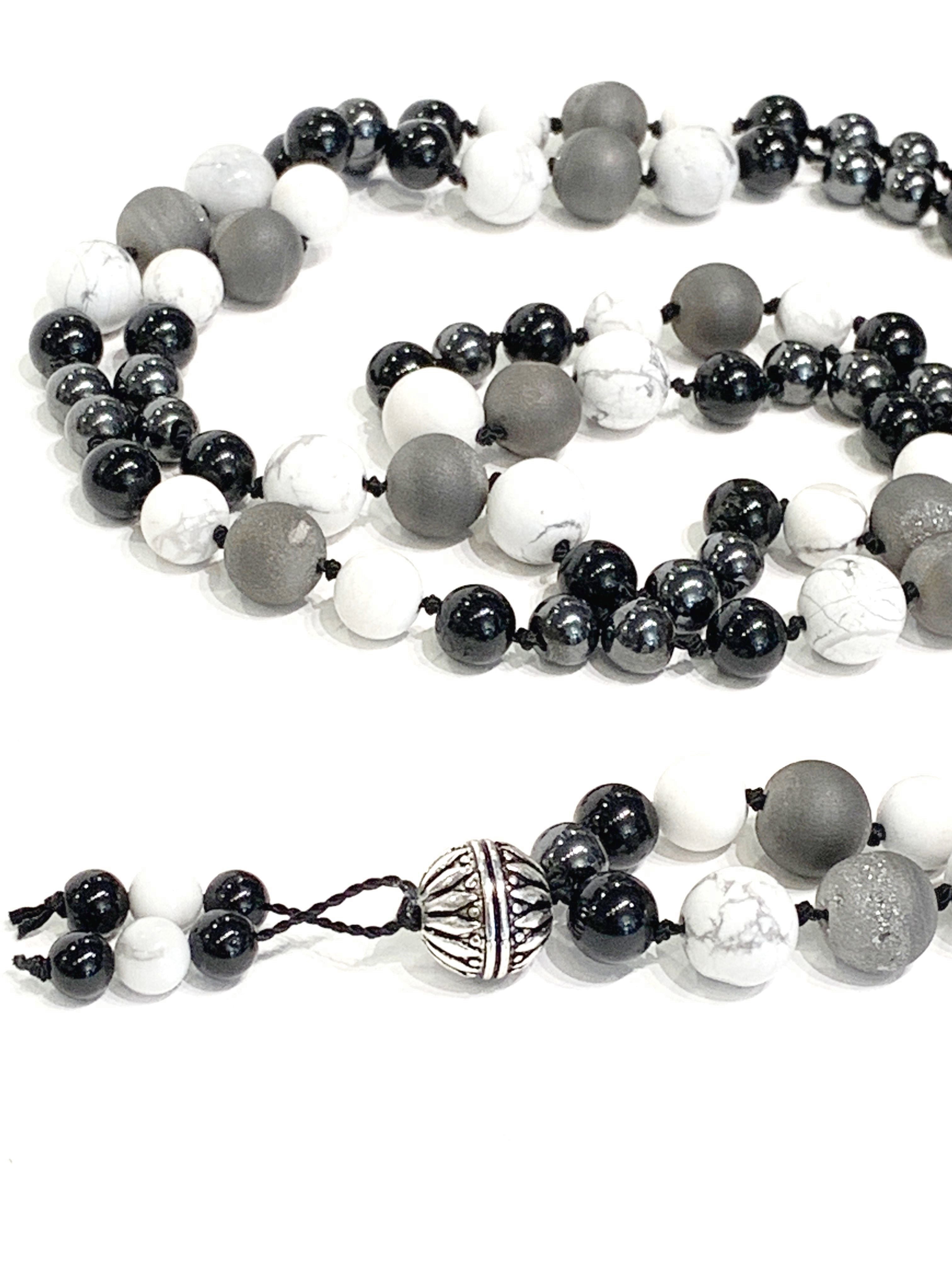 Mala necklace Black tourmaline, Magnetic Hematite, Howlite gemstone and Silver Druzzy necklace