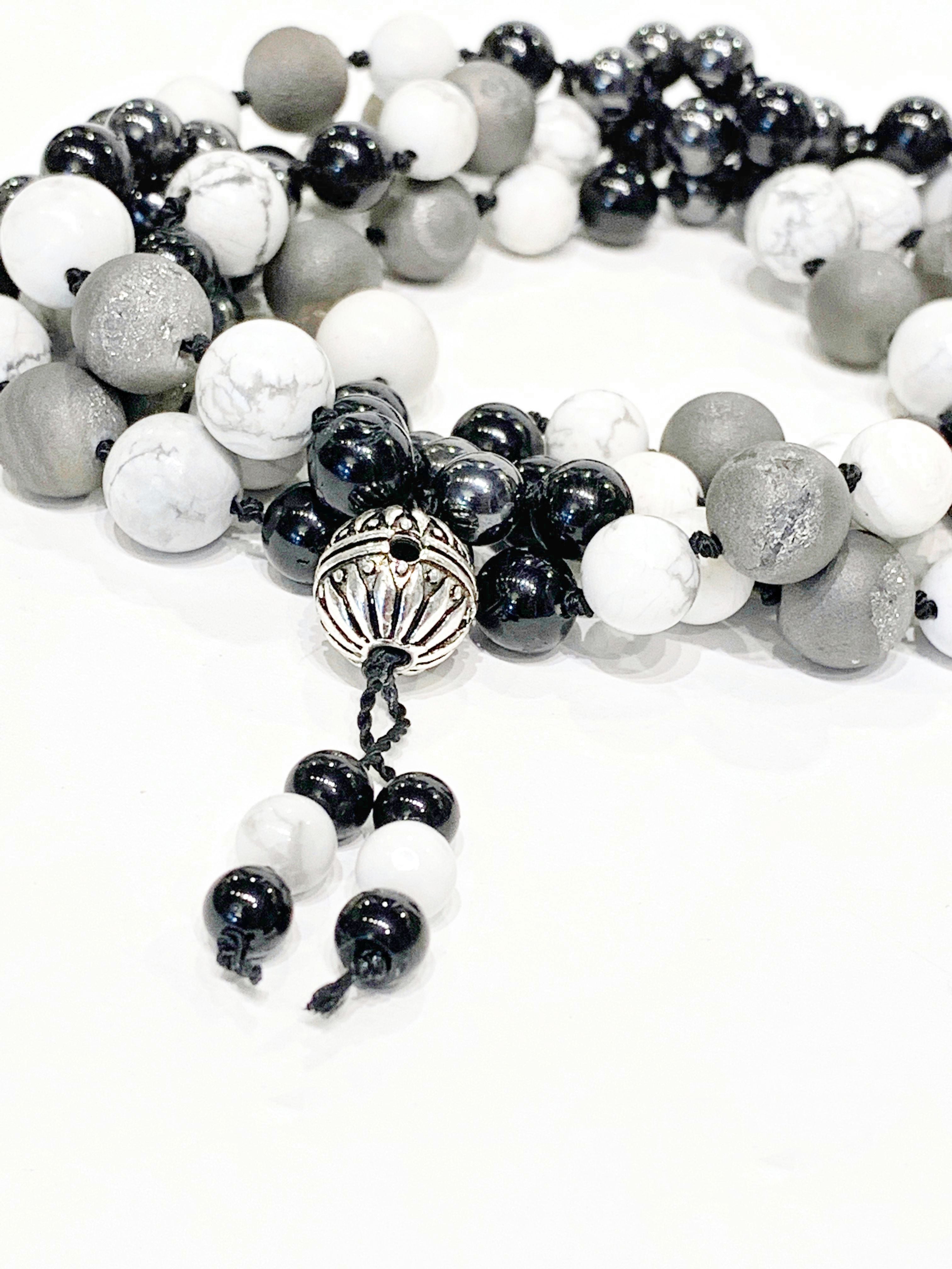 Mala necklace Black tourmaline, Magnetic Hematite, Howlite gemstone and Silver Druzzy necklace