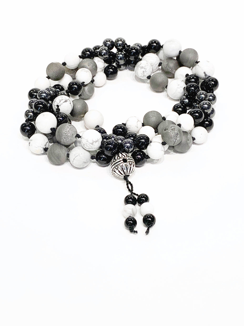 Mala necklace Black tourmaline, Magnetic Hematite, Howlite gemstone and Silver Druzzy necklace
