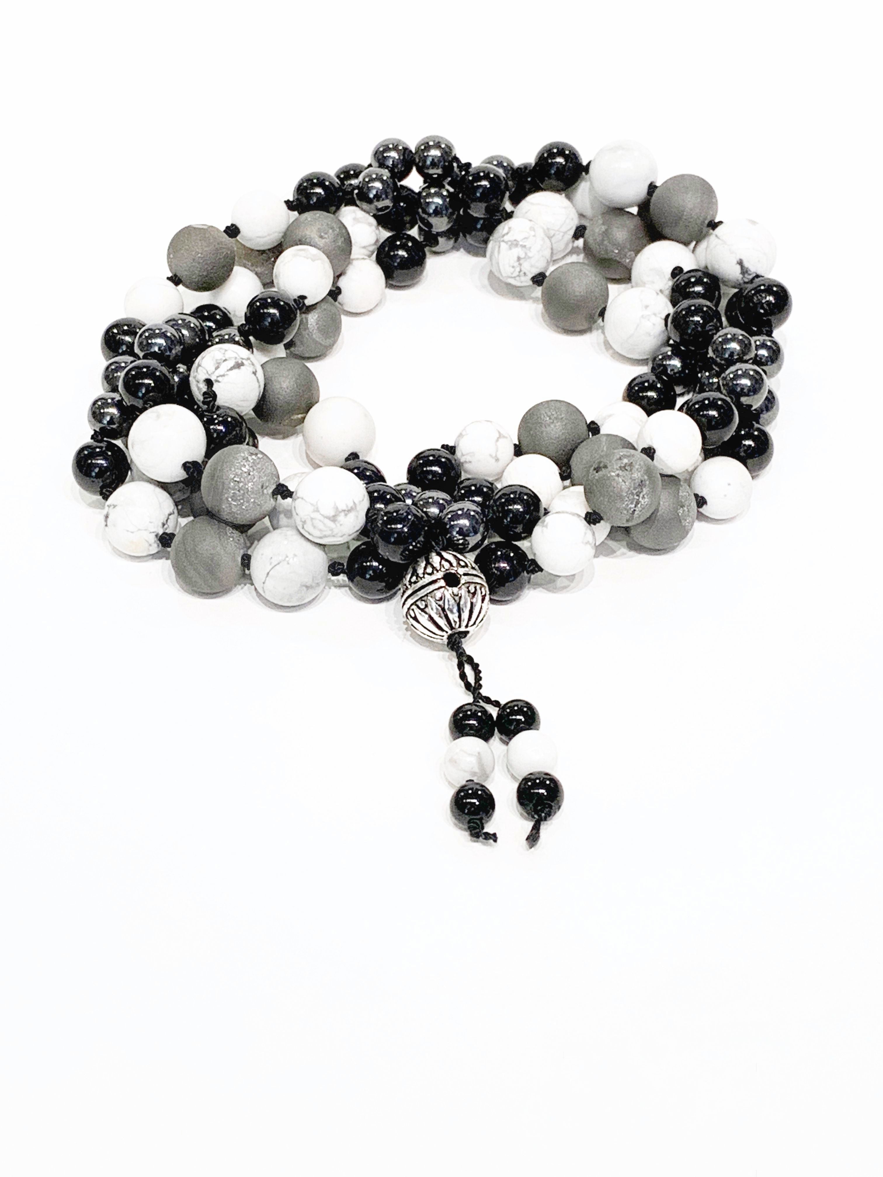 Mala necklace Black tourmaline, Magnetic Hematite, Howlite gemstone and Silver Druzzy necklace