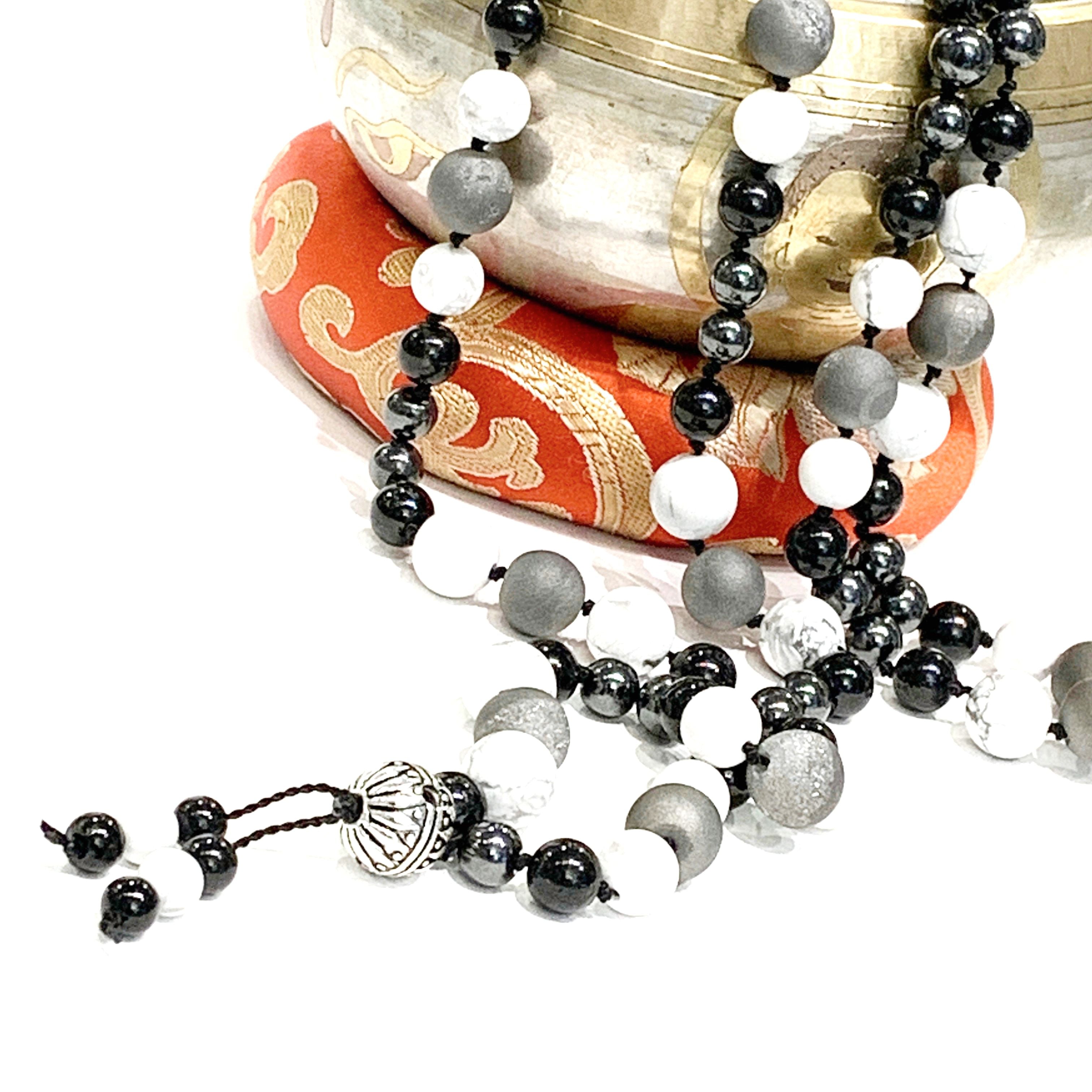 Mala necklace Black tourmaline, Magnetic Hematite, Howlite gemstone and Silver Druzzy necklace