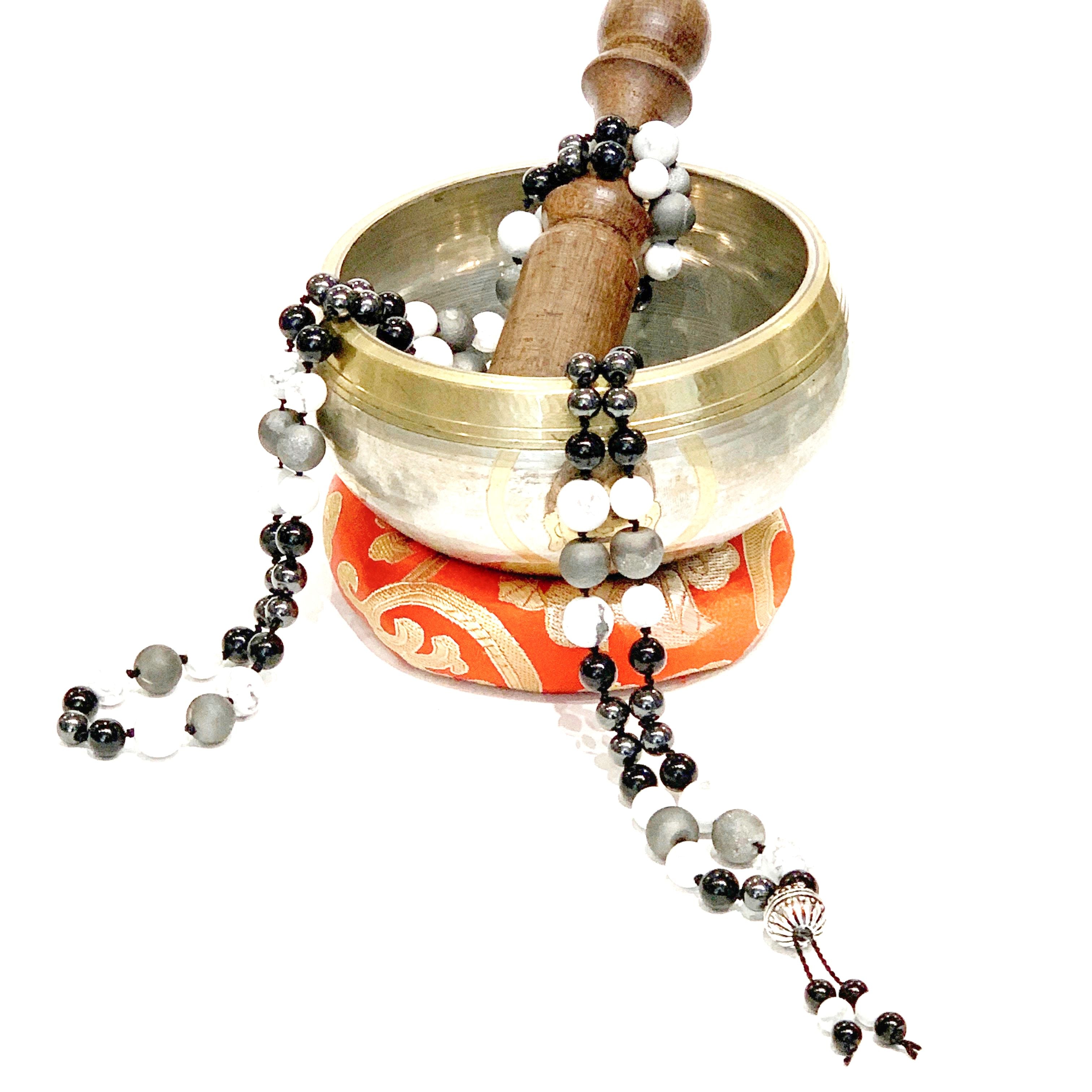 Mala necklace Black tourmaline, Magnetic Hematite, Howlite gemstone and Silver Druzzy necklace