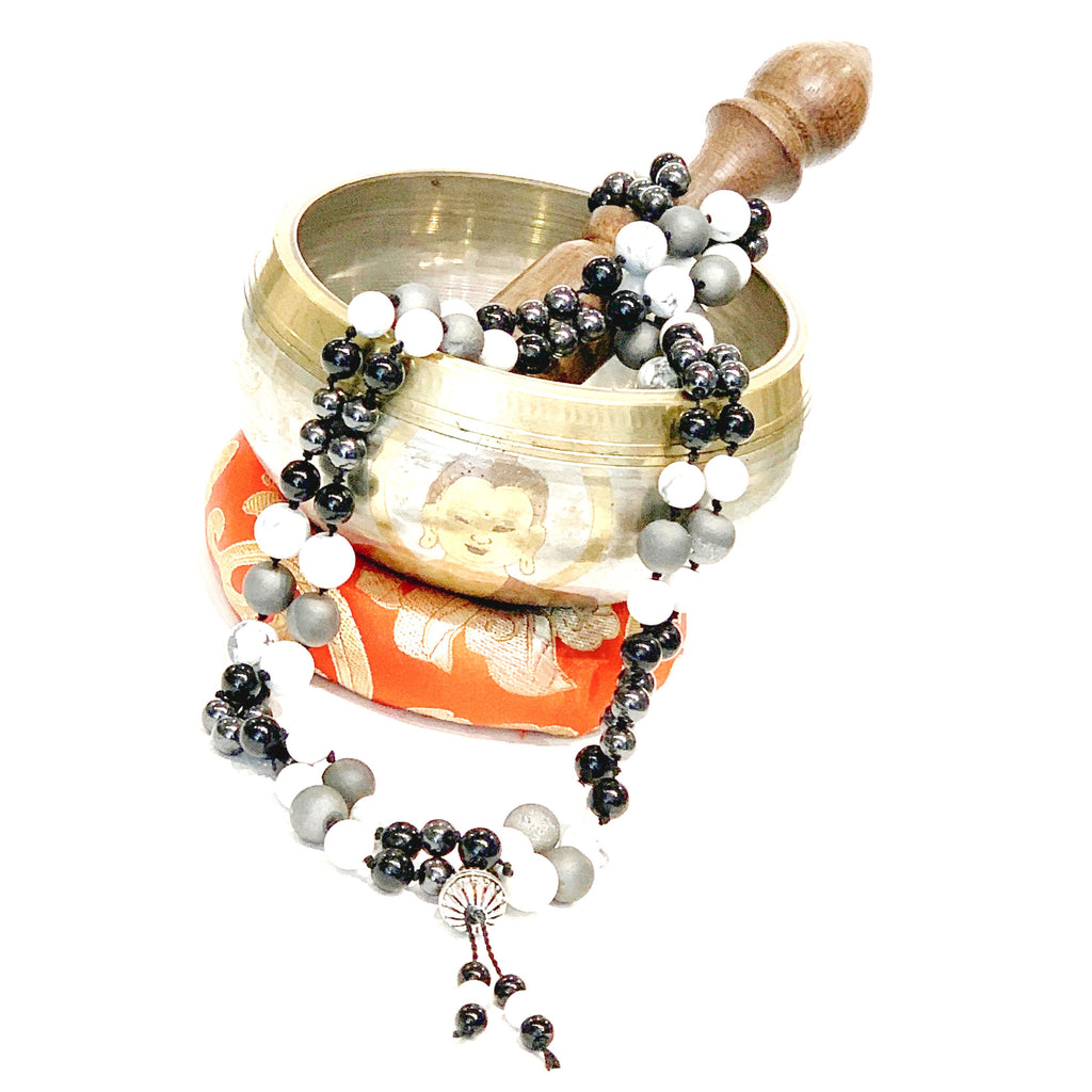 Mala necklace Black tourmaline, Magnetic Hematite, Howlite gemstone and Silver Druzzy necklace