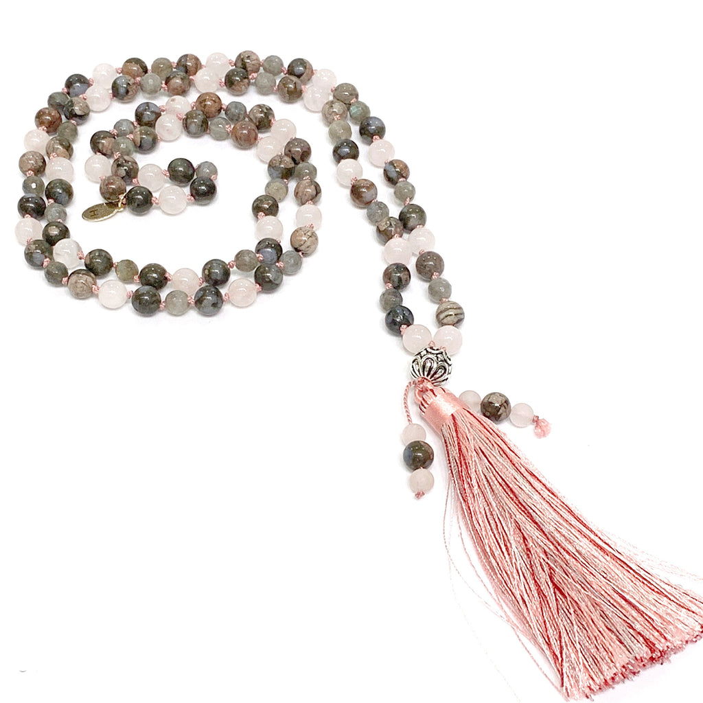 Mala Necklace, Rose Quartz, Labradorite, Blue Rhyolite,  beaded Necklace, Yoga Beads, Meditation Jewelry