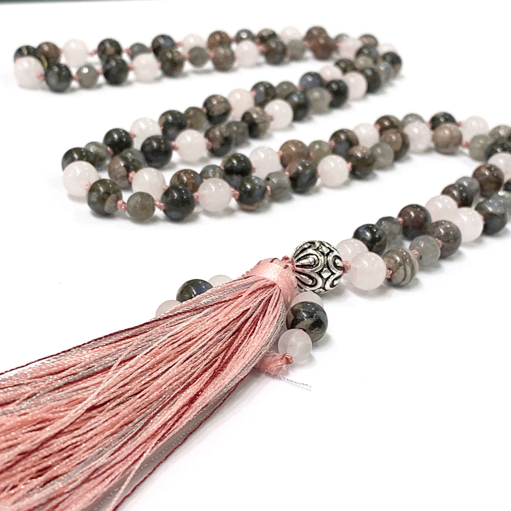 Mala Necklace, Rose Quartz, Labradorite, Blue Rhyolite,  beaded Necklace, Yoga Beads, Meditation Jewelry