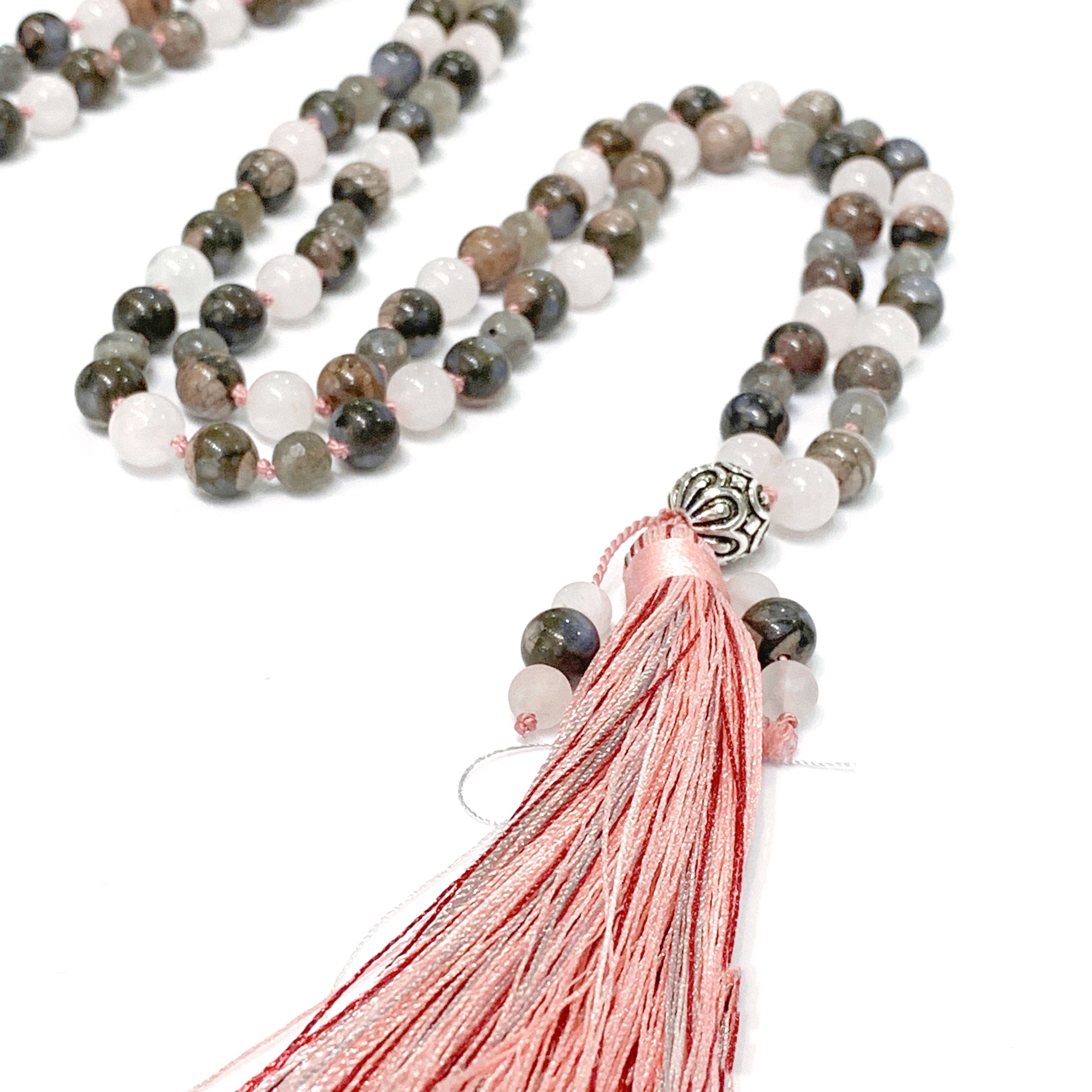 Mala Necklace, Rose Quartz, Labradorite, Blue Rhyolite,  beaded Necklace, Yoga Beads, Meditation Jewelry