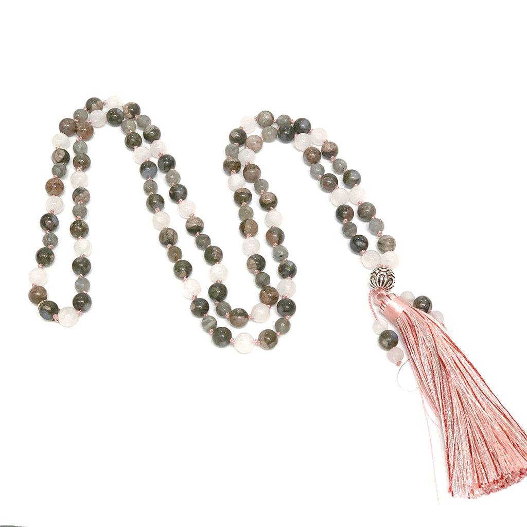 Mala Necklace, Rose Quartz, Labradorite, Blue Rhyolite,  beaded Necklace, Yoga Beads, Meditation Jewelry