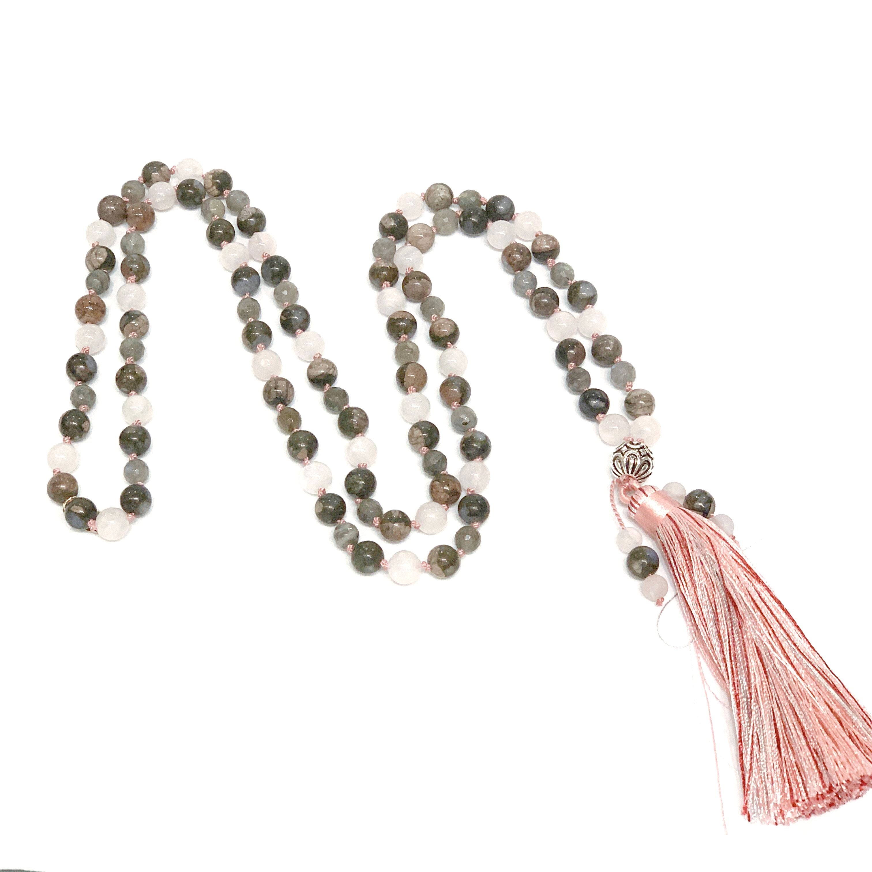 Mala Necklace, Rose Quartz, Labradorite, Blue Rhyolite,  beaded Necklace, Yoga Beads, Meditation Jewelry