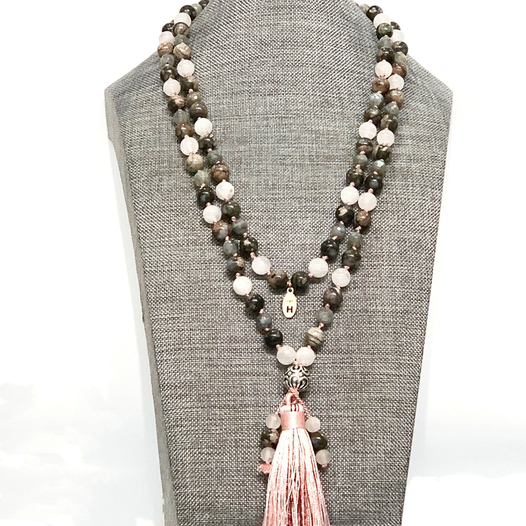 Mala Necklace, Rose Quartz, Labradorite, Blue Rhyolite,  beaded Necklace, Yoga Beads, Meditation Jewelry