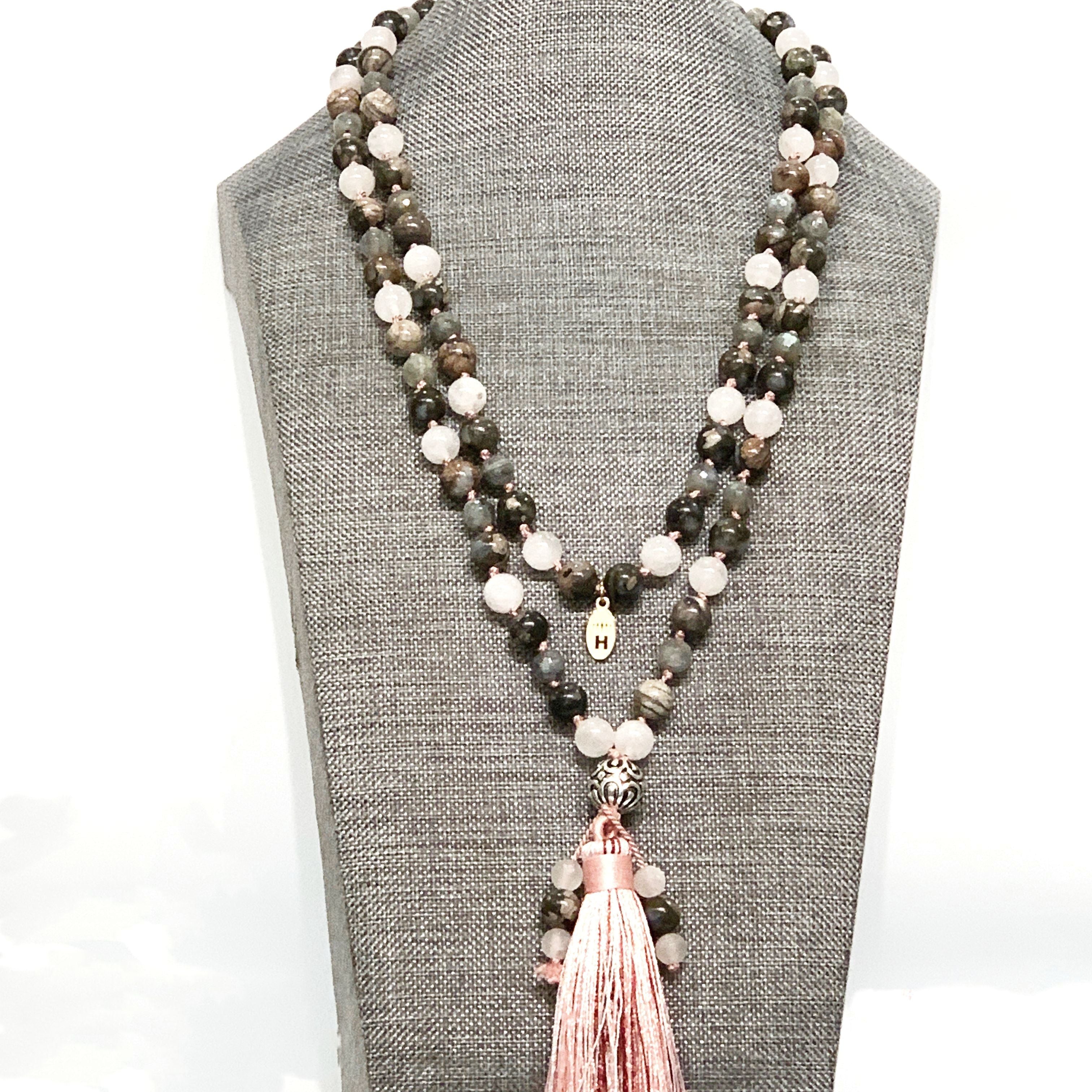 Mala Necklace, Rose Quartz, Labradorite, Blue Rhyolite,  beaded Necklace, Yoga Beads, Meditation Jewelry