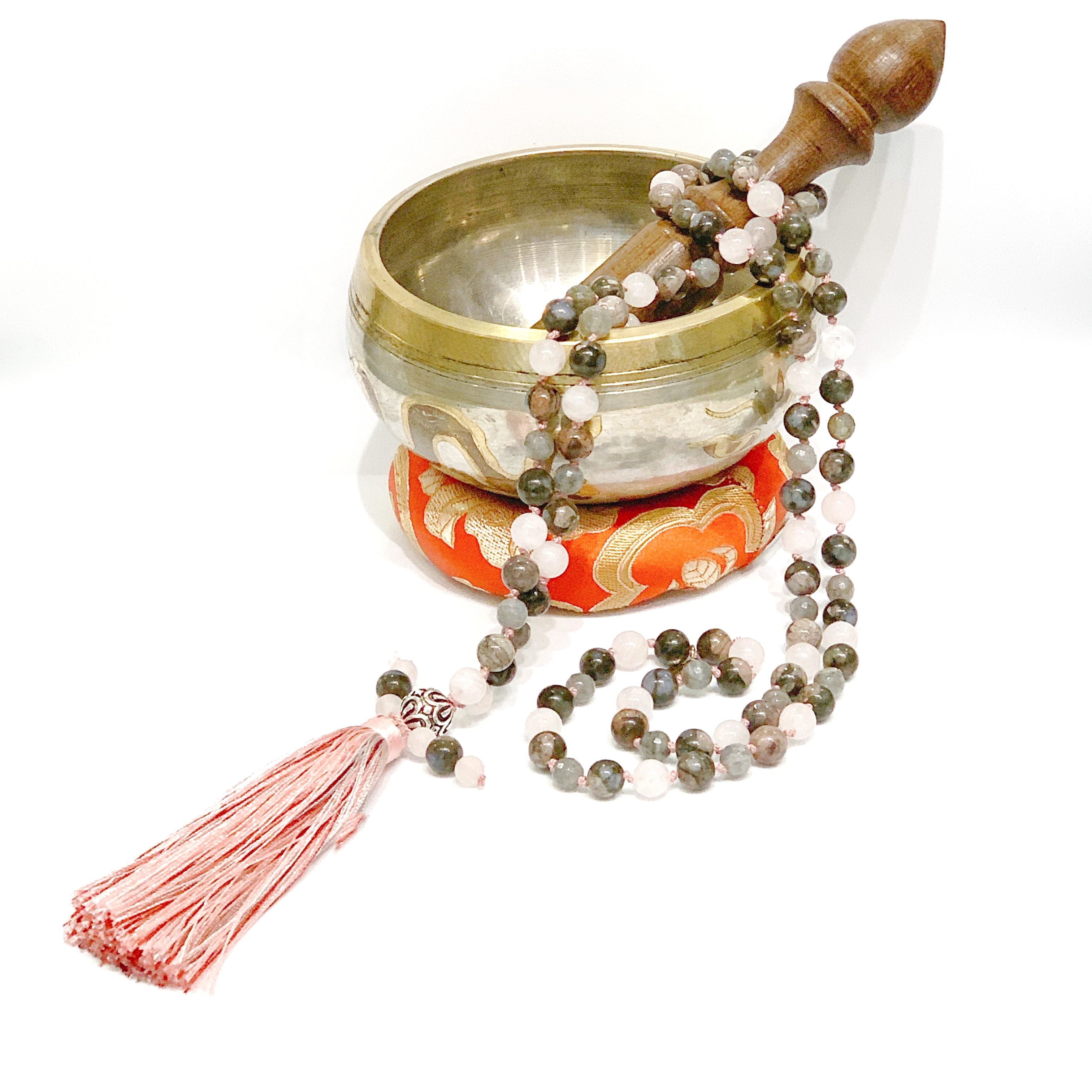 Mala Necklace, Rose Quartz, Labradorite, Blue Rhyolite,  beaded Necklace, Yoga Beads, Meditation Jewelry