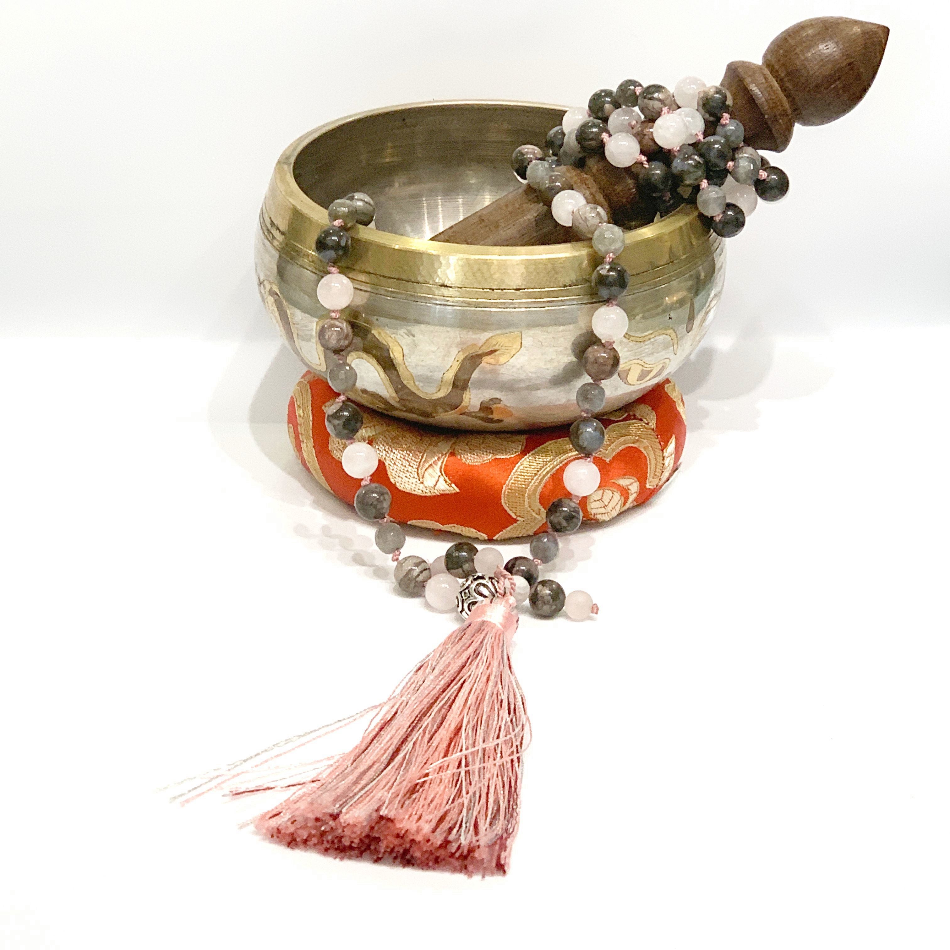 Mala Necklace, Rose Quartz, Labradorite, Blue Rhyolite,  beaded Necklace, Yoga Beads, Meditation Jewelry