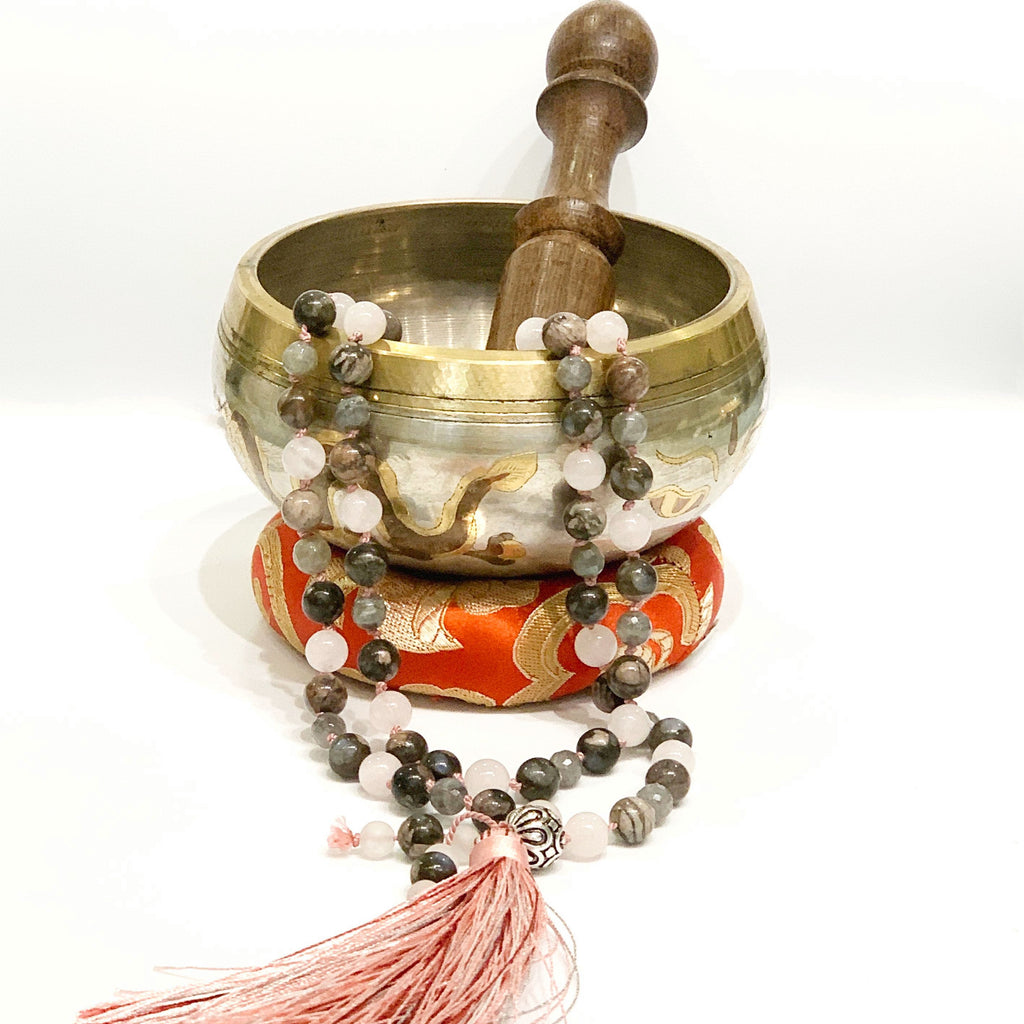 Mala Necklace, Rose Quartz, Labradorite, Blue Rhyolite,  beaded Necklace, Yoga Beads, Meditation Jewelry
