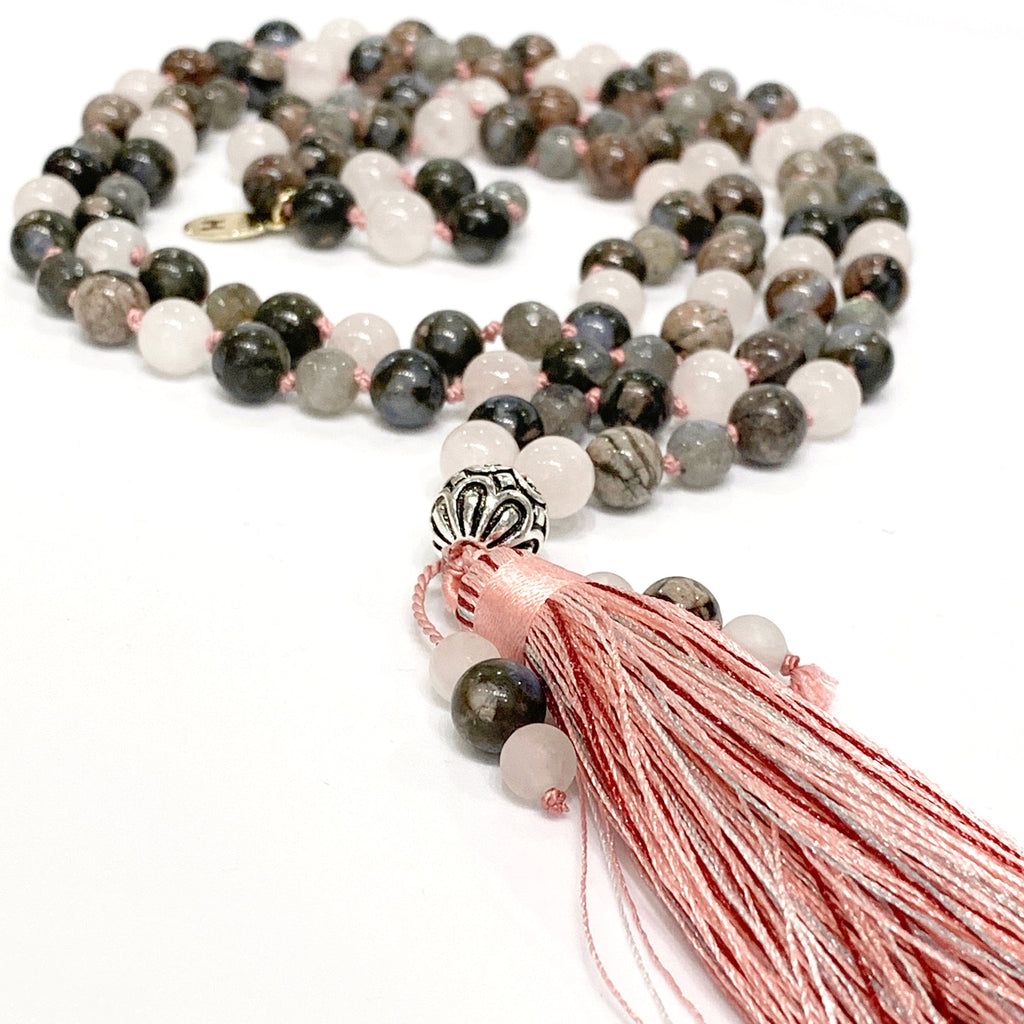 Mala Necklace, Rose Quartz, Labradorite, Blue Rhyolite,  beaded Necklace, Yoga Beads, Meditation Jewelry