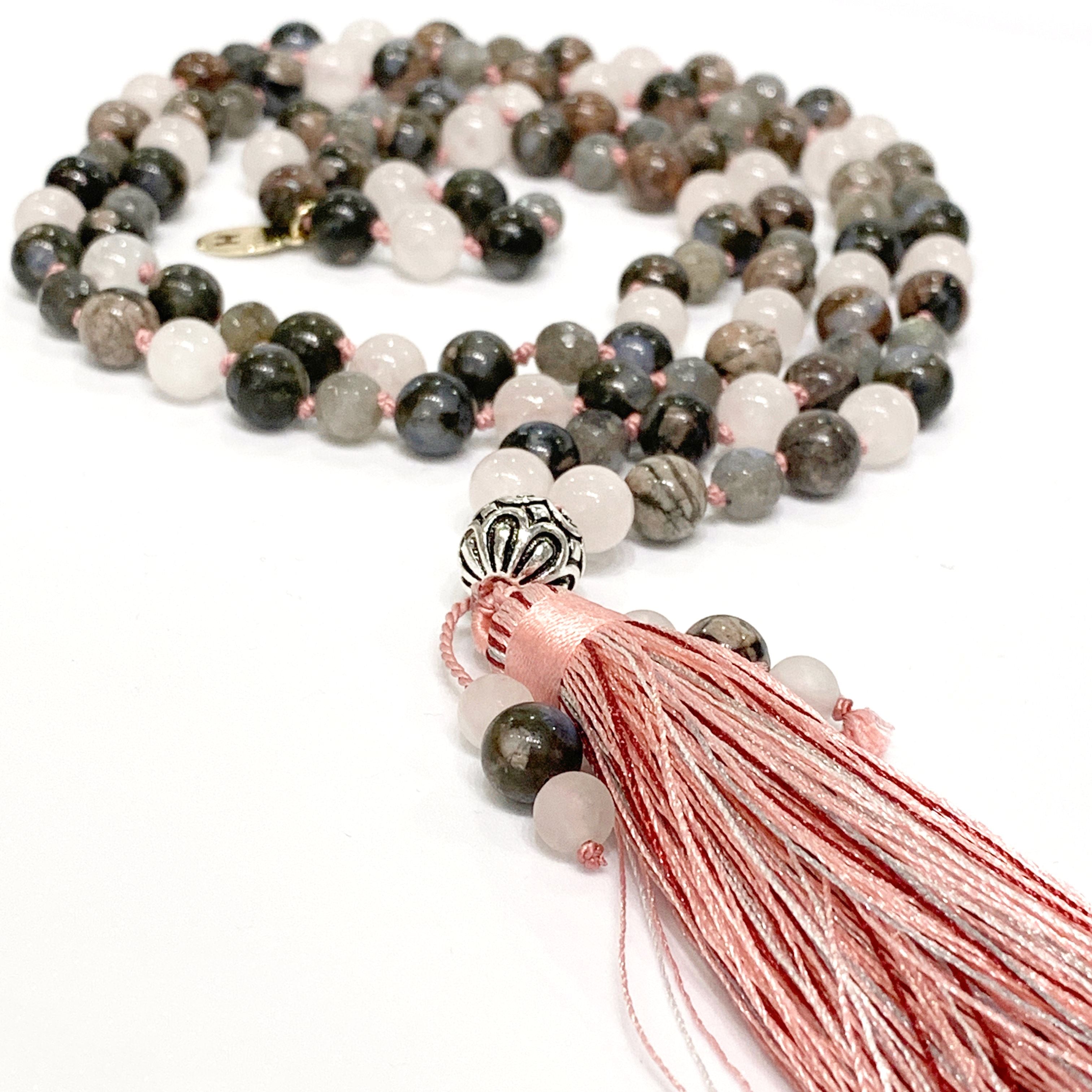 Mala Necklace, Rose Quartz, Labradorite, Blue Rhyolite,  beaded Necklace, Yoga Beads, Meditation Jewelry