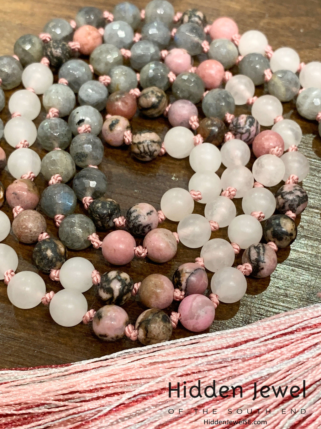 Rose Quartz, Labradorite and Rhodonite gemstone, Mala Necklaces