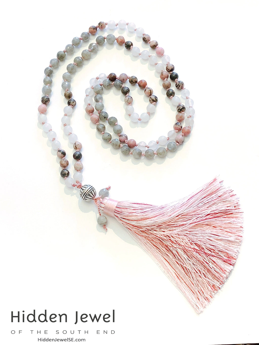Rose Quartz, Labradorite and Rhodonite gemstone, Mala Necklaces