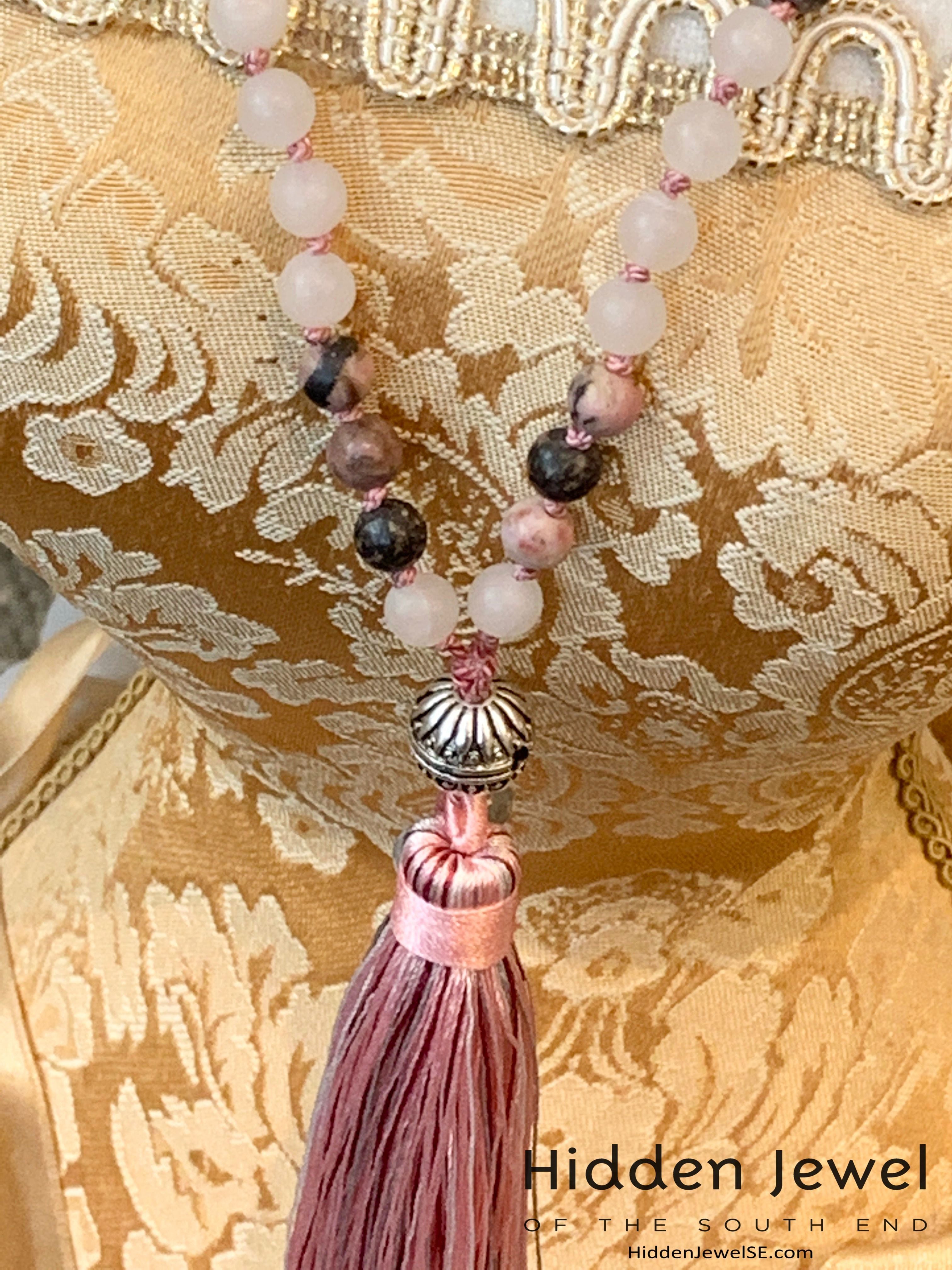 Rose Quartz, Labradorite and Rhodonite gemstone, Mala Necklaces