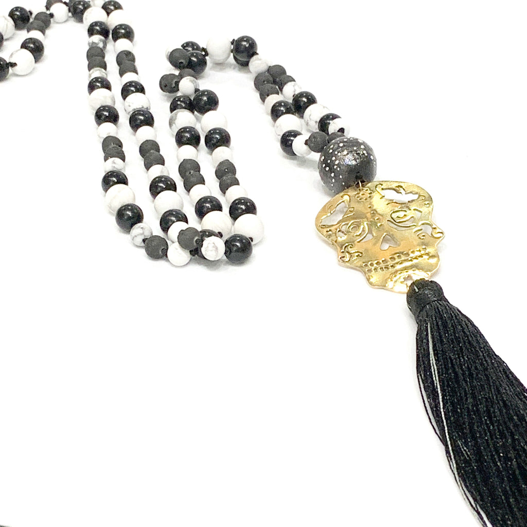 Sugar Skull Mala necklace ,Brass hand sawn Skull, Lamp work Glass bead, Howlite, Druzzy, Jet