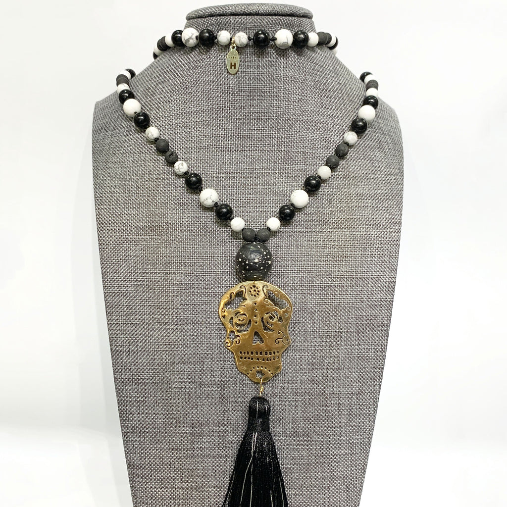 Sugar Skull Mala necklace ,Brass hand sawn Skull, Lamp work Glass bead, Howlite, Druzzy, Jet