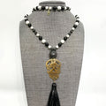 Sugar Skull Mala necklace ,Brass hand sawn Skull, Lamp work Glass bead, Howlite, Druzzy, Jet