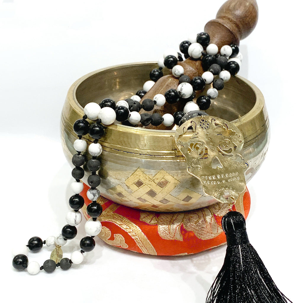 Sugar Skull Mala necklace ,Brass hand sawn Skull, Lamp work Glass bead, Howlite, Druzzy, Jet