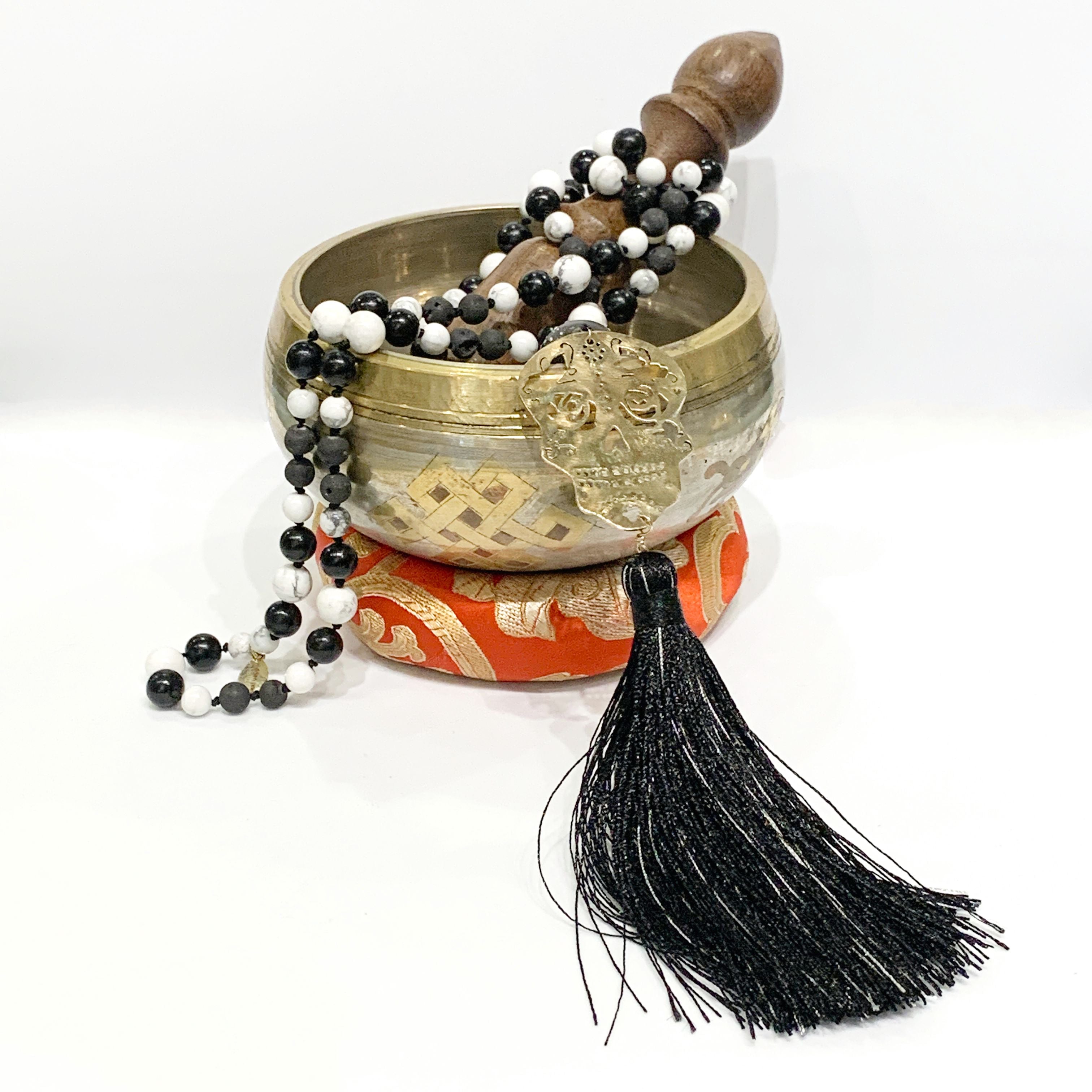 Sugar Skull Mala necklace ,Brass hand sawn Skull, Lamp work Glass bead, Howlite, Druzzy, Jet