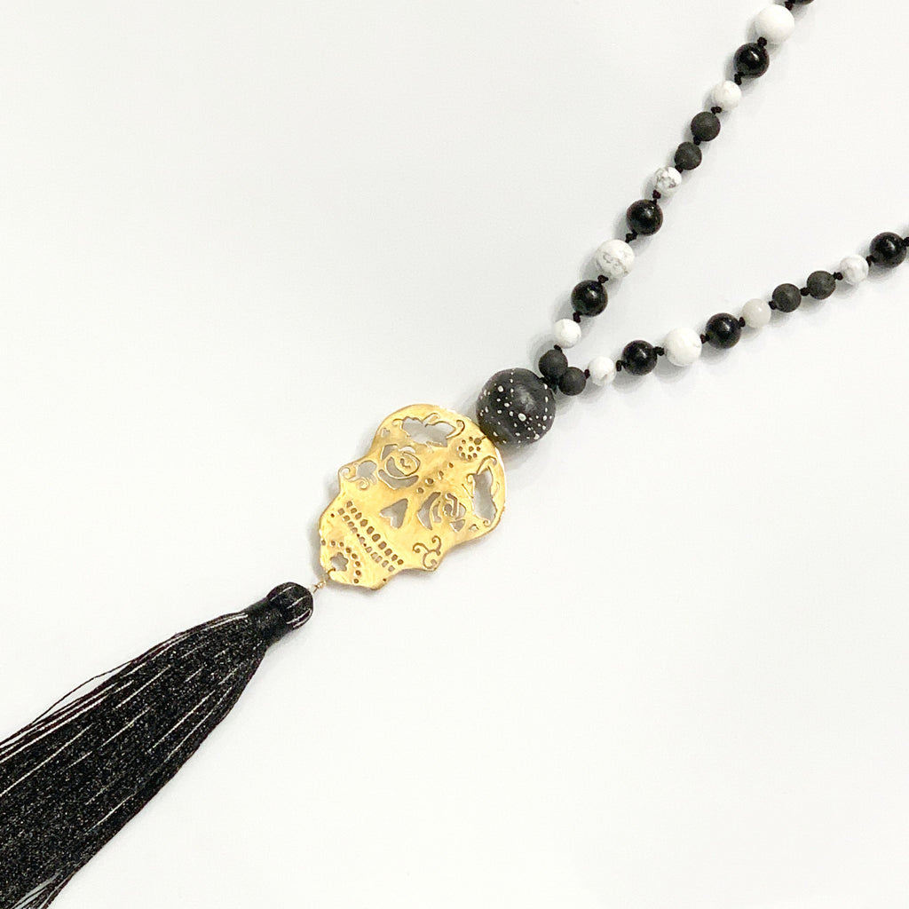 Sugar Skull Mala necklace ,Brass hand sawn Skull, Lamp work Glass bead, Howlite, Druzzy, Jet