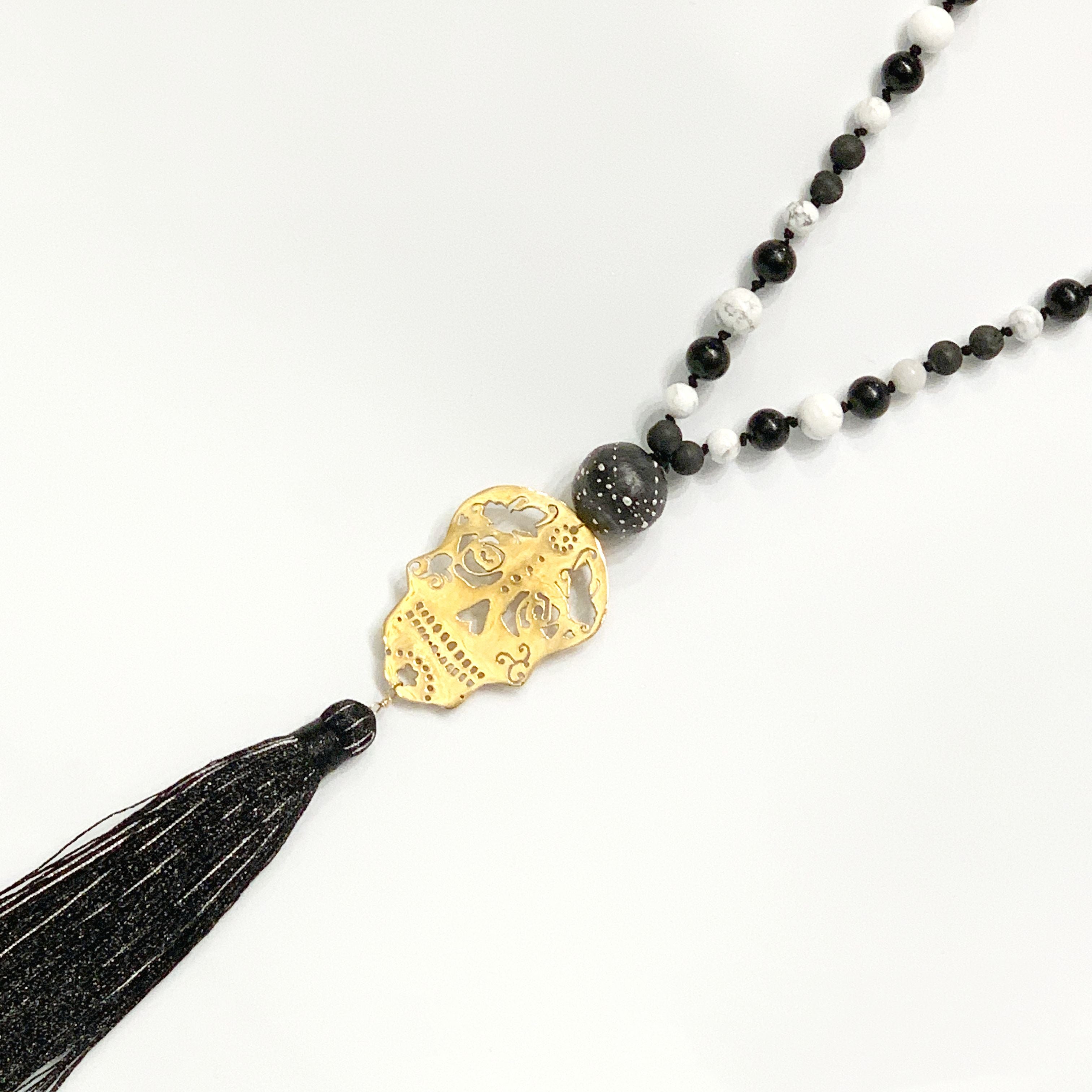 Sugar Skull Mala necklace ,Brass hand sawn Skull, Lamp work Glass bead, Howlite, Druzzy, Jet
