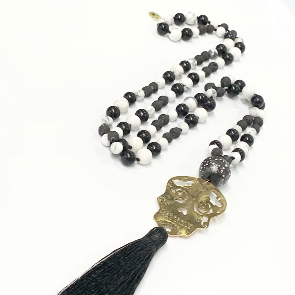 Sugar Skull Mala necklace ,Brass hand sawn Skull, Lamp work Glass bead, Howlite, Druzzy, Jet